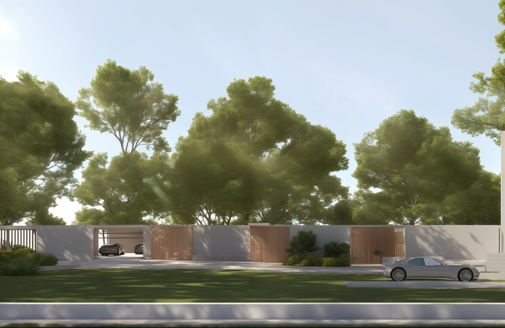(masterpiece),(high quality), best quality, real,(realistic), super detailed, (full detail),(4k),8k,outdoors,gate,tree, exterior, a long gate of park, sky background, on top of the main gate has a concrete roof, modern style, simple lines, tadao ando architect style