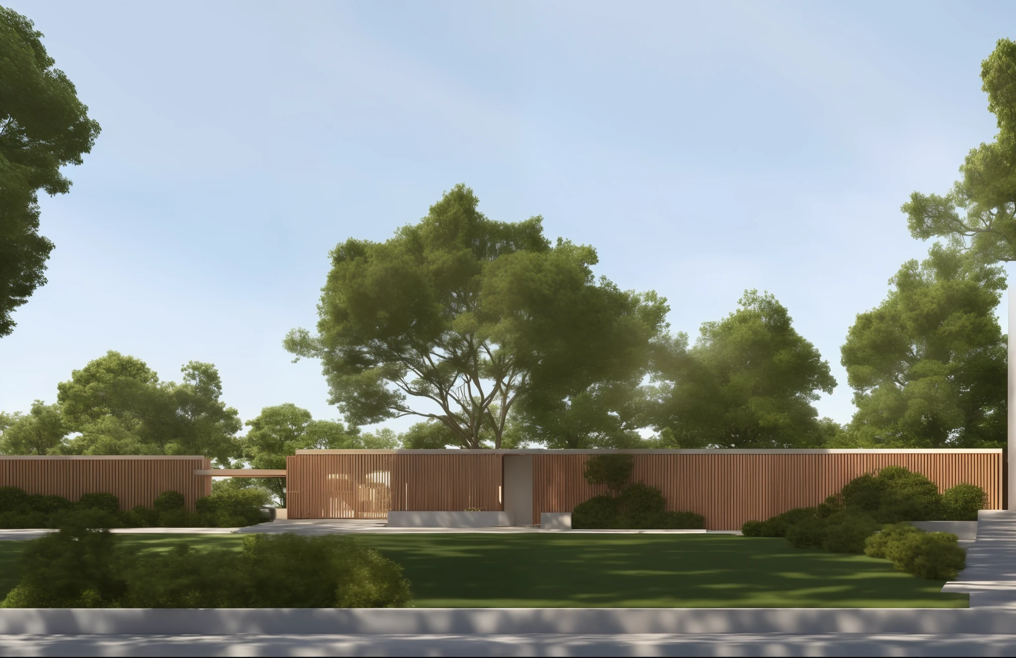 (masterpiece),(high quality), best quality, real,(realistic), super detailed, (full detail),(4k),8k,outdoors,gate,tree, exterior, a long gate of park, sky background,  on top of the main gate has a concrete roof, modern style, simple lines, tadao ando architect style