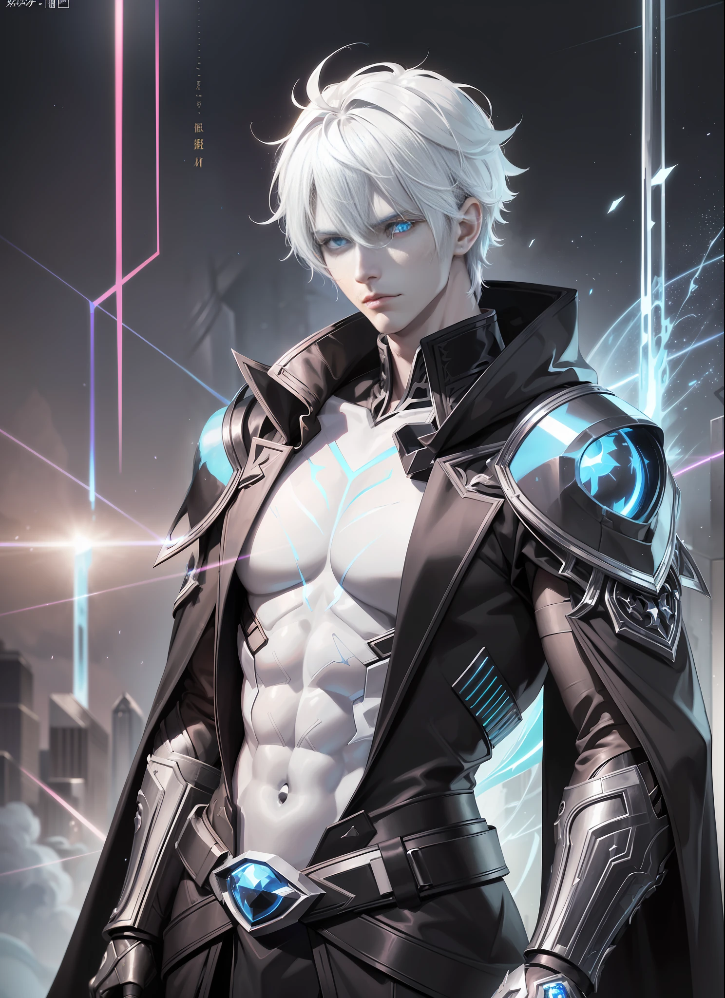 Cyberpunk male, fantasy world, dark background, clean design, epic instagram, artstation, colorful paint splatter, silhouette, hyper detailed intricate details, unreal engine, fantasy, intricate details, splash screen, complementary colors, Fantasy concept art, 8k resolution, deviantart masterpiece, oil painting, heavy strokes, paint dripping, (isolated on white background: 1.3), rainbow skin, (((handsome young man))), ((teenage:1.5) ), (glowing blue eyes), ((light eyes)), ((((short white hair: 1.1))), ((black clothes)), (prince\\(indifferent expression\\),, ( ((Wears high detail luxurious black robe))), white hair, frost magic, ((chest) --v 6