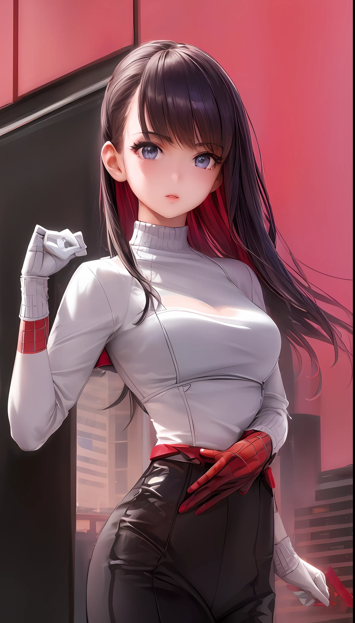 (1girl:1.3), Solo, (((Very detailed face)))), ((Very detailed eyes and face)))), Beautiful detail eyes, Body parts__, Official art, Unified 8k wallpaper, Super detailed, beautiful and beautiful, beautiful, masterpiece, best quality, original, masterpiece, super fine photo, best quality, super high resolution, realistic realism, sunlight, full body portrait, amazing beauty, dynamic pose, delicate face, vibrant eyes, (from the front), She wears Spider-Man suit, red and black color scheme, spider, very detailed city roof background, rooftop, overlooking the city, detailed face, detailed complex busy background, messy, gorgeous, milky white, highly detailed skin, realistic skin details, visible pores, clear focus, volumetric fog, 8k uhd, DSLR, high quality, film grain, fair skin, photo realism, lomography, futuristic dystopian megalopolis, translucent