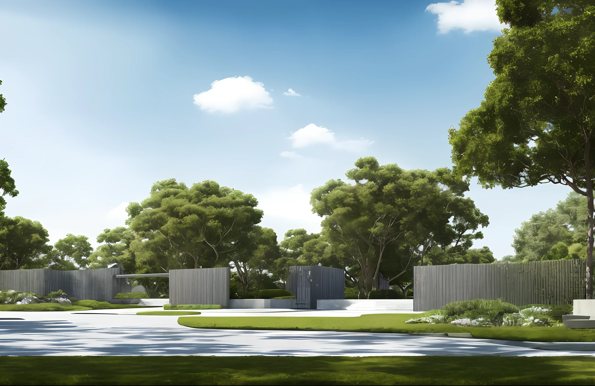 (masterpiece),(high quality), best quality, real,(realistic), super detailed, (full detail),(4k),8k,outdoors,gate,tree, exterior, a long gate of park, sky background, on top of the main gate has a concrete roof, modern style, simple lines, tadao ando architect style