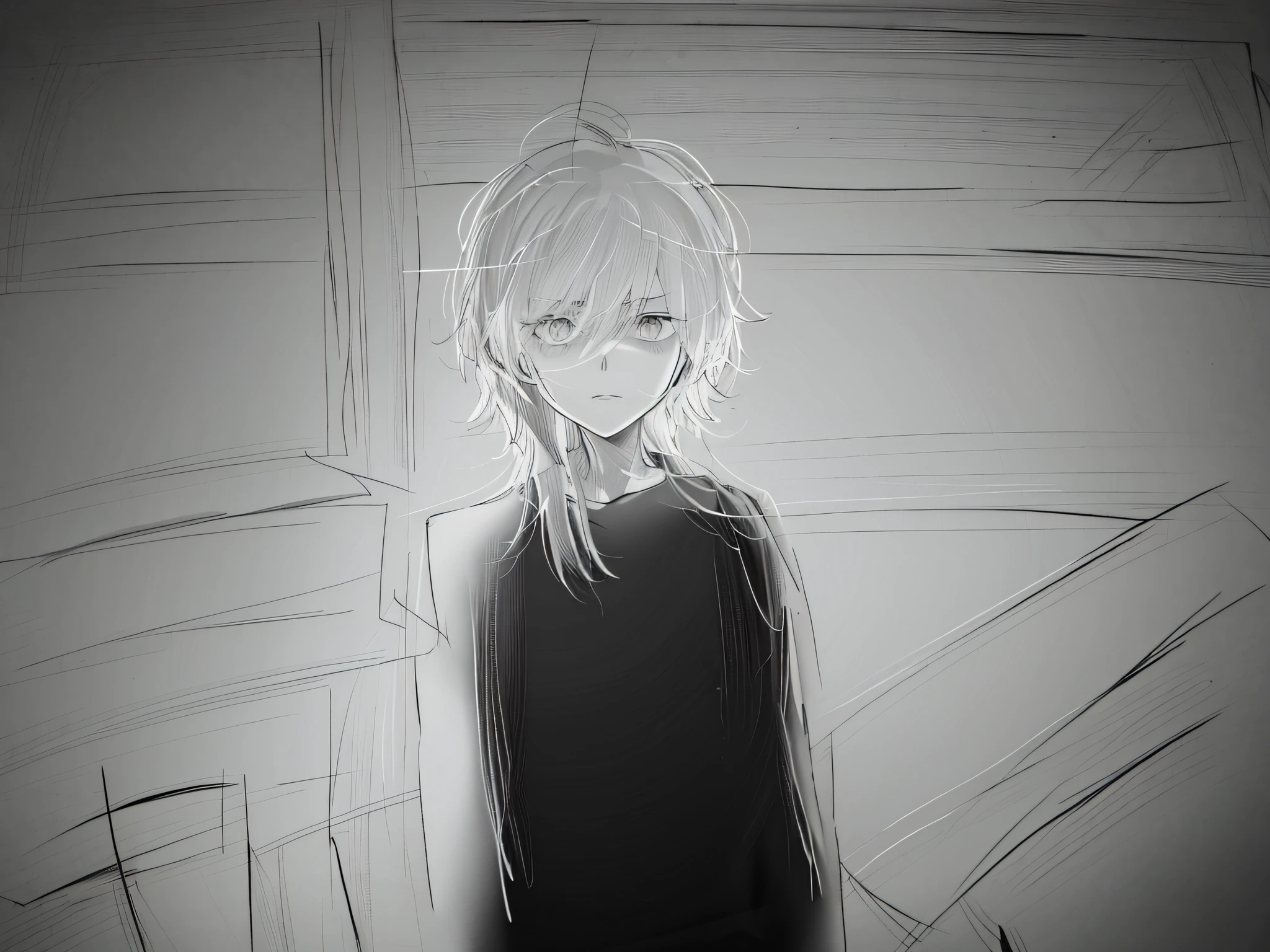 Boy with long hair and black shirt, pale young ghost boy, creepy characters with shadows, glowing eyes, anime anime drawings. Soft lighting, anime shading), ghosts and sad expressions, anime sketches, mainly grayscale, huge bright sad eyes, anime style, creepy people, mysterious figures, light grayscale, faded drawing, low saturation!!