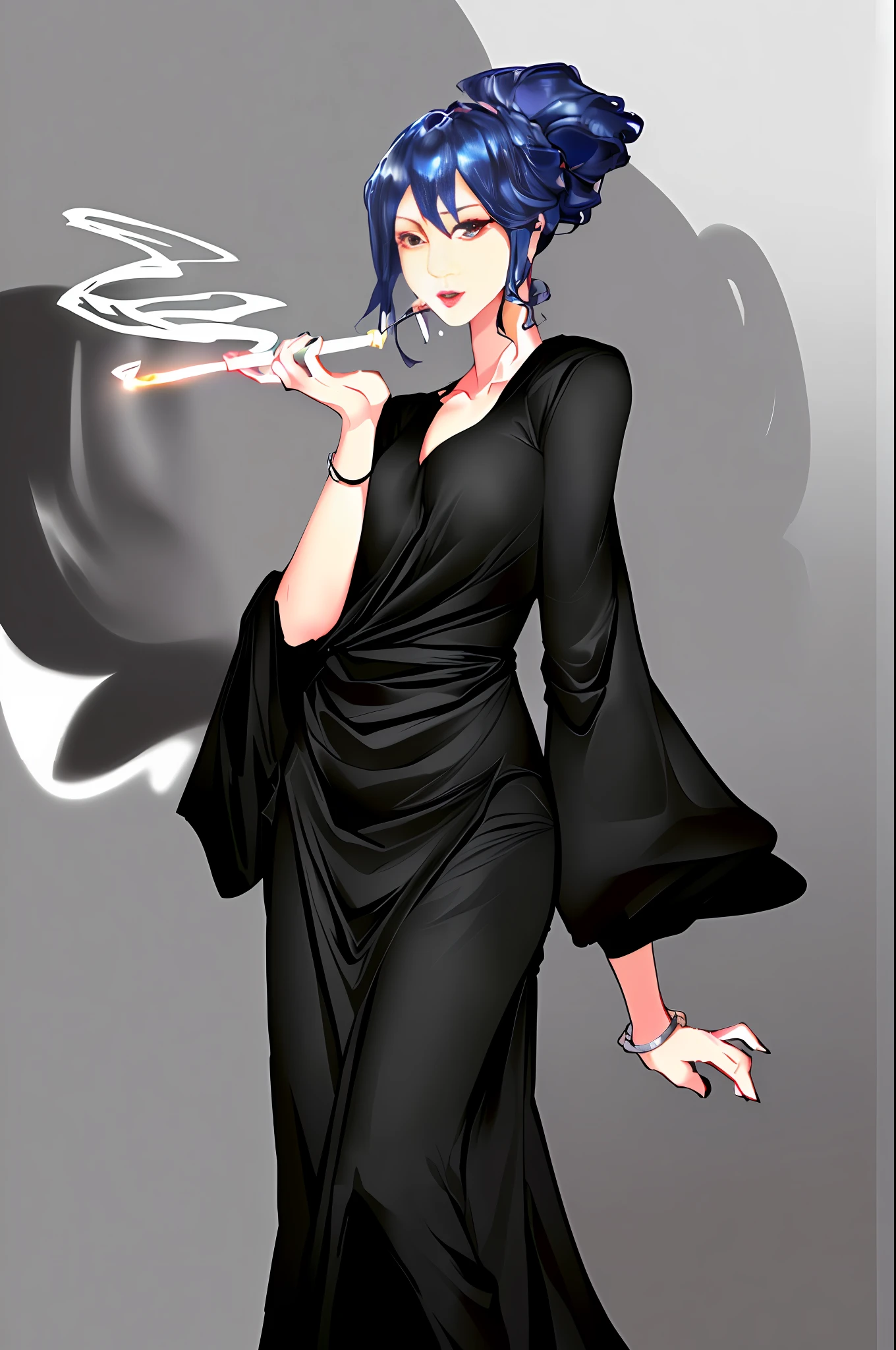 arafed image of a woman in a black dress smoking a cigarette, inspired by Yukihiko Yasuda, inspired by Sugimura Jihei, inspired by Kusumi Morikage, nico robin, black and white manga style, anime girl wearing a black dress, inspired by Sakai Hōitsu, inspired by Itō Ogura Yonesuke