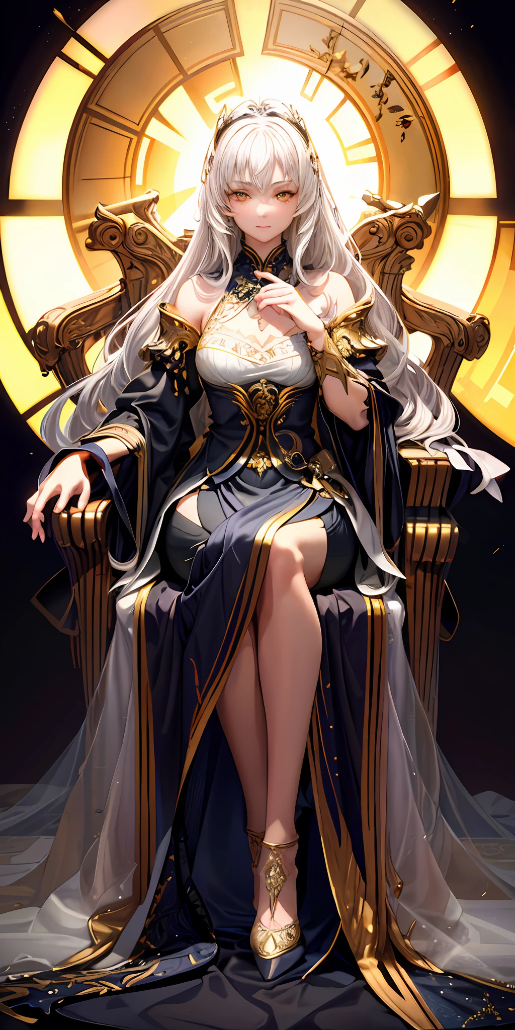 (Masterpiece:1.2), best quality, (illustration:1.2), (ultra-detailed), hyper details, (delicate detailed), (intricate details), (cinematic light, best quality Backlights), clear line, from below, solo woman, perfect body, (1girl), white hair and yellow eyes, (emperor, black see-through clothes) sitting on the throne, slightly closed eyes, head down, head down, (shyness: 1.2 ), (makeup), high contrast, (best illumination, an extremely create and beautiful), (cinematic light), colorful, normal five fingers
