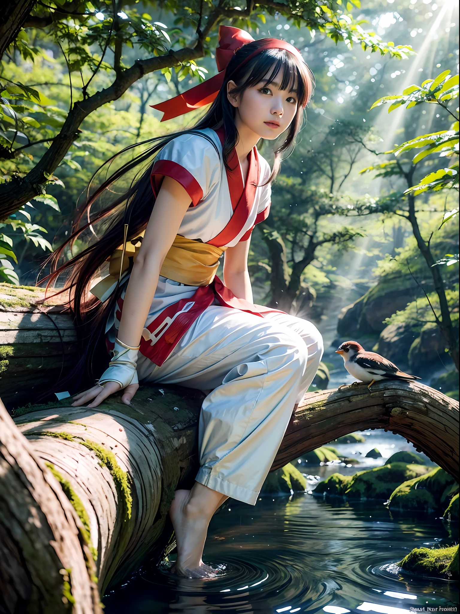 masterpiece, Best quality,1girl, sitting on a log, lake under a log, toe attached to water, red bow, bow, long hair, hair bow, Ainu clothing, solo, hair band, bird, black hair, fingerless gloves, short sleeves, gloves, sash, pants, bangs, red hair band, weapon, chest, brown eyes, white pants, barefoot, toes, kimono, nakoruru, light smile, official art, foot focus, Dynamic angle, nature background, samurai, onmyoji style, high resolution, dramatic lighting and shadows, sun flare, blurred foreground