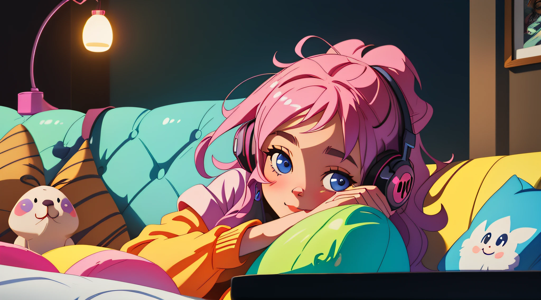 Cute  girl sitting on couch wearing headphones, listening to music, happy, happy, meter eye, intoxicated, Unreal Engine, cozy lighting, artstation, detail, digital painting, film, Mark Lydon and Pixar character design, octane rendering