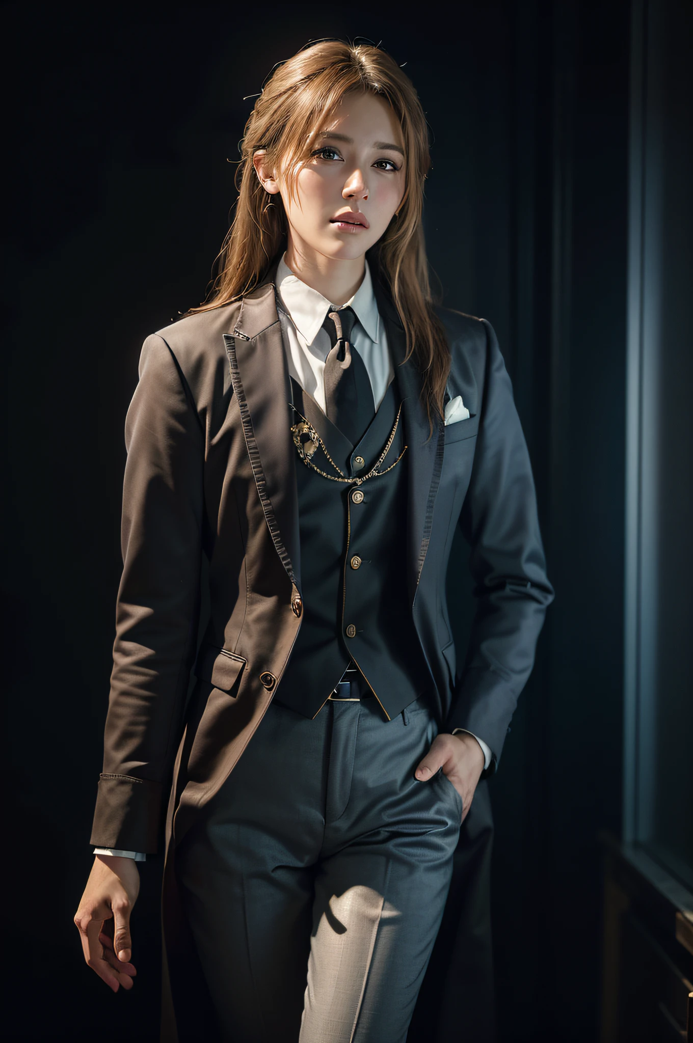 (Previous Focus), (Darkness: 1.6), Hyperrealism Female Portrait by David Hockney and Alphonse Mucha, Fantasy Art, Photoreal, Dynamic Lighting, Art Station, Poster, Volume Lighting, Highly Detailed Face, 4K, Award-Winning Girl, Moonlight, Deep Shadows, Low Key, Cowboy Shot, (formal attire: 1.4), long hair, blonde hair