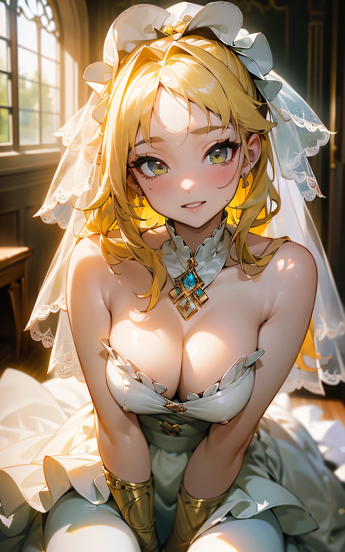 ((unity 16k wallpaper, masterpiece, best quality, ultra-detailed, extremely detailed CG, caustics, cinematic lighting, detailed, beautiful detailed eyes, NSFW: 2.0, , dynamic pose)), erotic, sexy, ultra high resolution,,((cleavage, precise hands, precise fingers)), fine skin, (cute:1.2), collarbone, (((JPOP idol,)), ((attractive, sexy pose)), sexy bride, (wedding dress: 2.0, wedding veil, white ruffled long skirt, yellow hair color, sit, wedding))