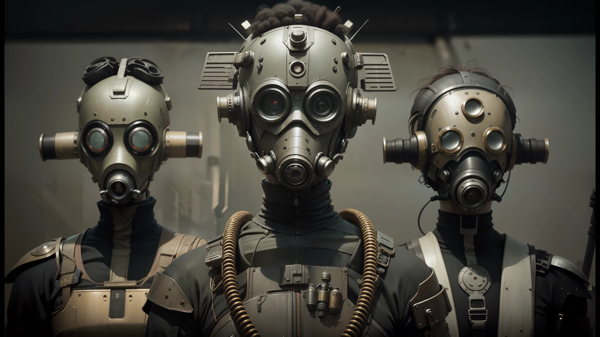three men in gas masks stand in a row with their heads turned, dieselpunk cyborgs, film still from movie dune-2021, still from alita, love death and robots, characters from machinarium, death and robots two in the void, cyber steampunk 8 k 3 d, still from movie dune, steampunk cyberpunk, movie still of aztec cyborg --auto --s2