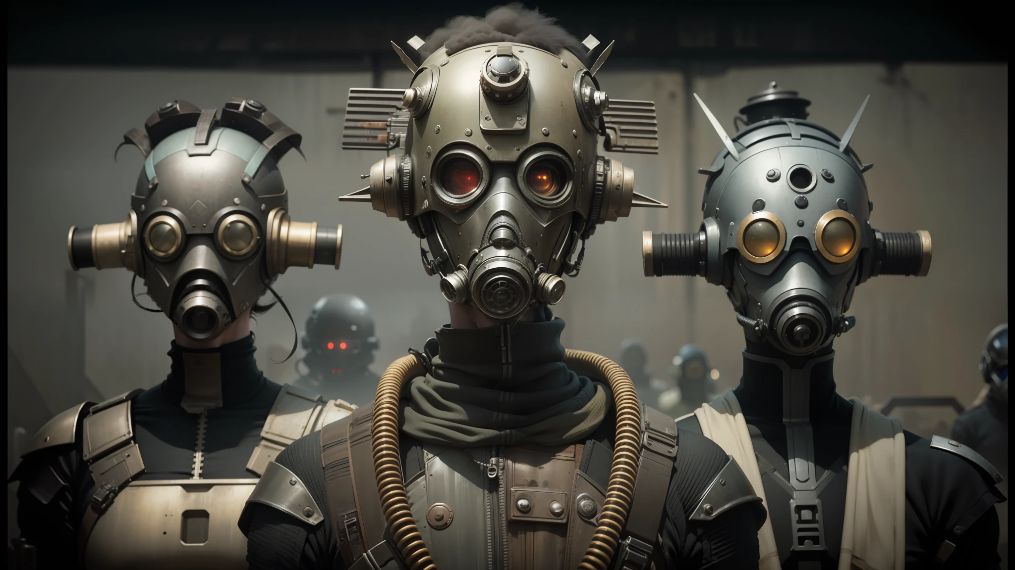 three men in gas masks stand in a row with their heads turned, dieselpunk cyborgs, film still from movie dune-2021, still from alita, love death and robots, characters from machinarium, death and robots two in the void, cyber steampunk 8 k 3 d, still from movie dune, steampunk cyberpunk, movie still of aztec cyborg --auto --s2