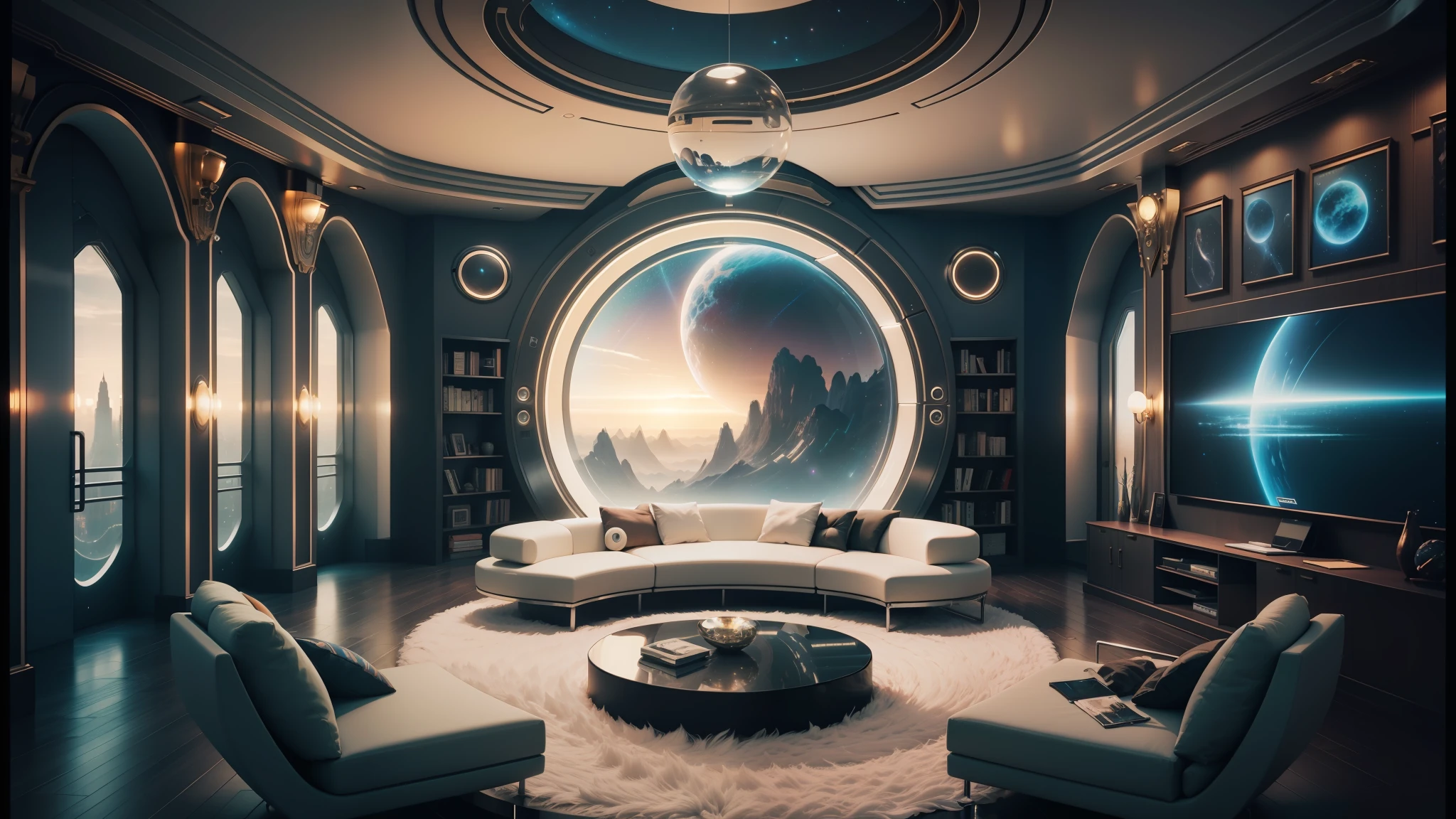 arafed room with a circular couch and a round table, futuristic room background, cgsociety 9, futuristic room, retro futuristic apartment, futuristic decor, futuristic. game cg, futuristic interior, sci - fi interior, photorealistic room, fantasy space, cozy 9 0 s bedroom retrofuturism, galaxy themed room, unreal engine cinema4d, realistic space, futuristic decoration --auto --s2