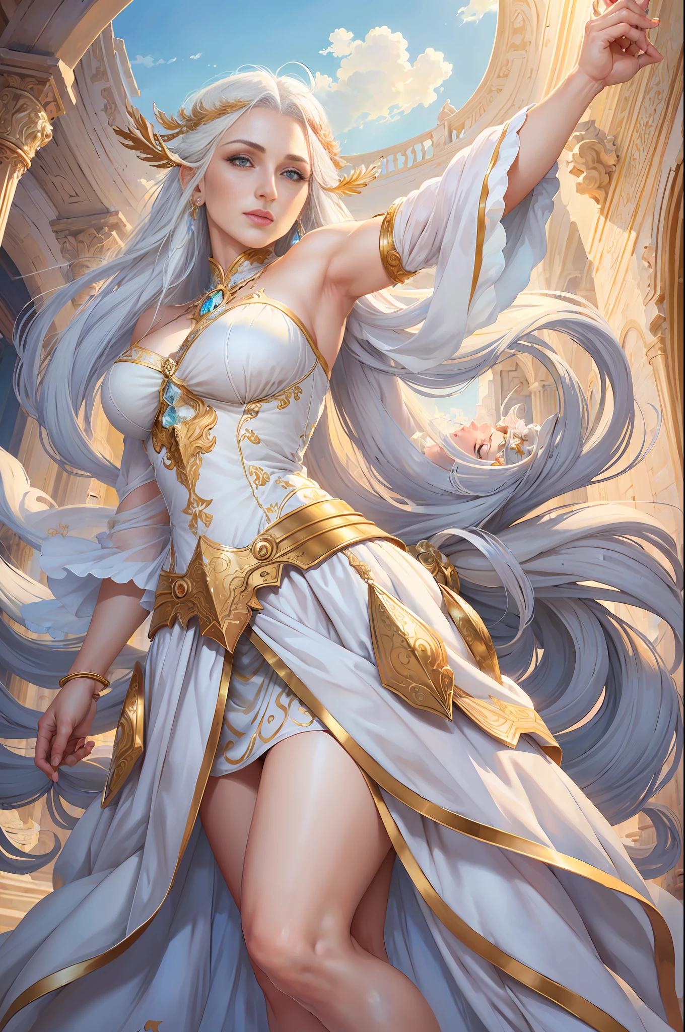 (masterpiece), (best quailty), (best illustration), torino aqua,  woman, long white hair, golden eyes, white greek clothes, bare shoulders, divine, (from below, low angle), arms up, tall figure, cowboy shot, (detailed fantasy art),
