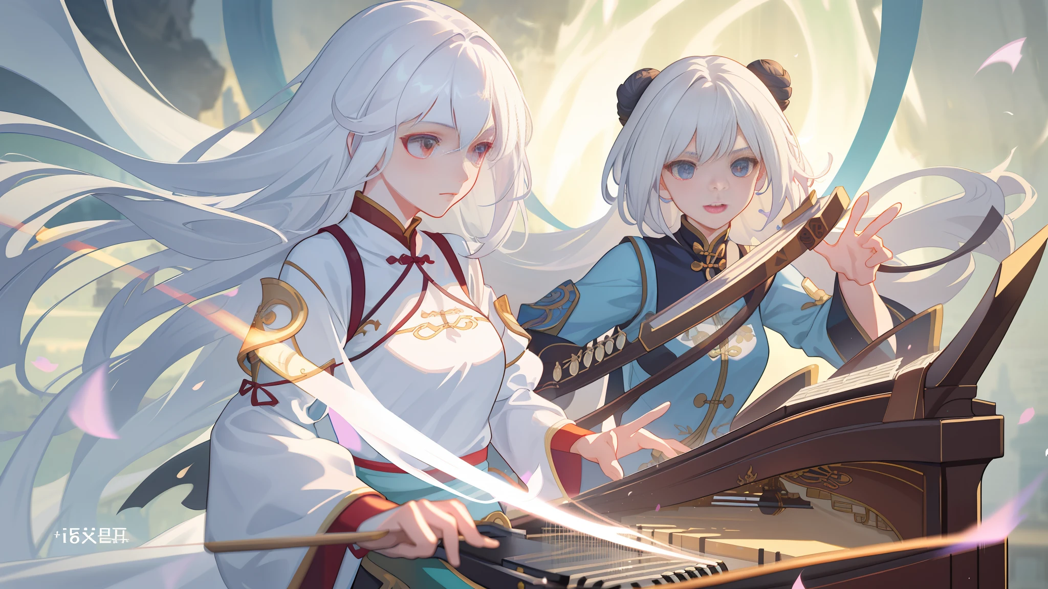 two girl, A girl holds a piano, A girl holds a lute, white hair, xianxia fantasy, CG social popularity, Chinese Tower, motion blur, cinematic lighting, blurry foreground, motion lines, high details, 16k, highres, textured skin, super detail