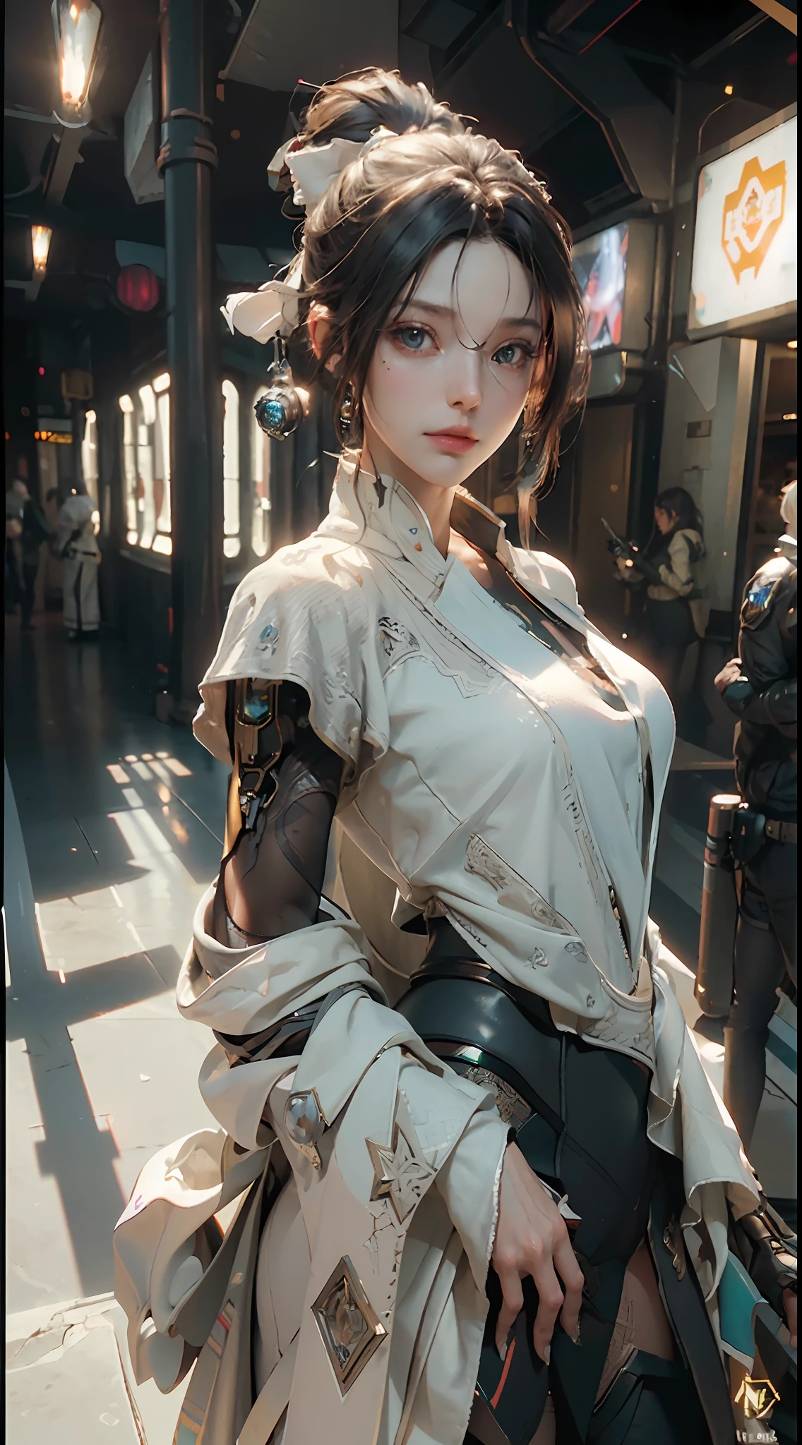 ((Best quality)), ((masterpiece)), (detailed:1.4), 3D, an image of a beautiful cyberpunk female,HDR (High Dynamic Range),Ray Tracing,NVIDIA RTX,Super-Resolution,Unreal 5,Subsurface scattering,PBR Texturing,Post-processing,Anisotropic Filtering,Depth-of-field,Maximum clarity and sharpness,Multi-layered textures,Albedo and Specular maps,Surface shading,Accurate simulation of light-material interaction,Perfect proportions,Octane Render,Two-tone lighting,Wide aperture,Low ISO,White balance,Rule of thirds,8K RAW,
