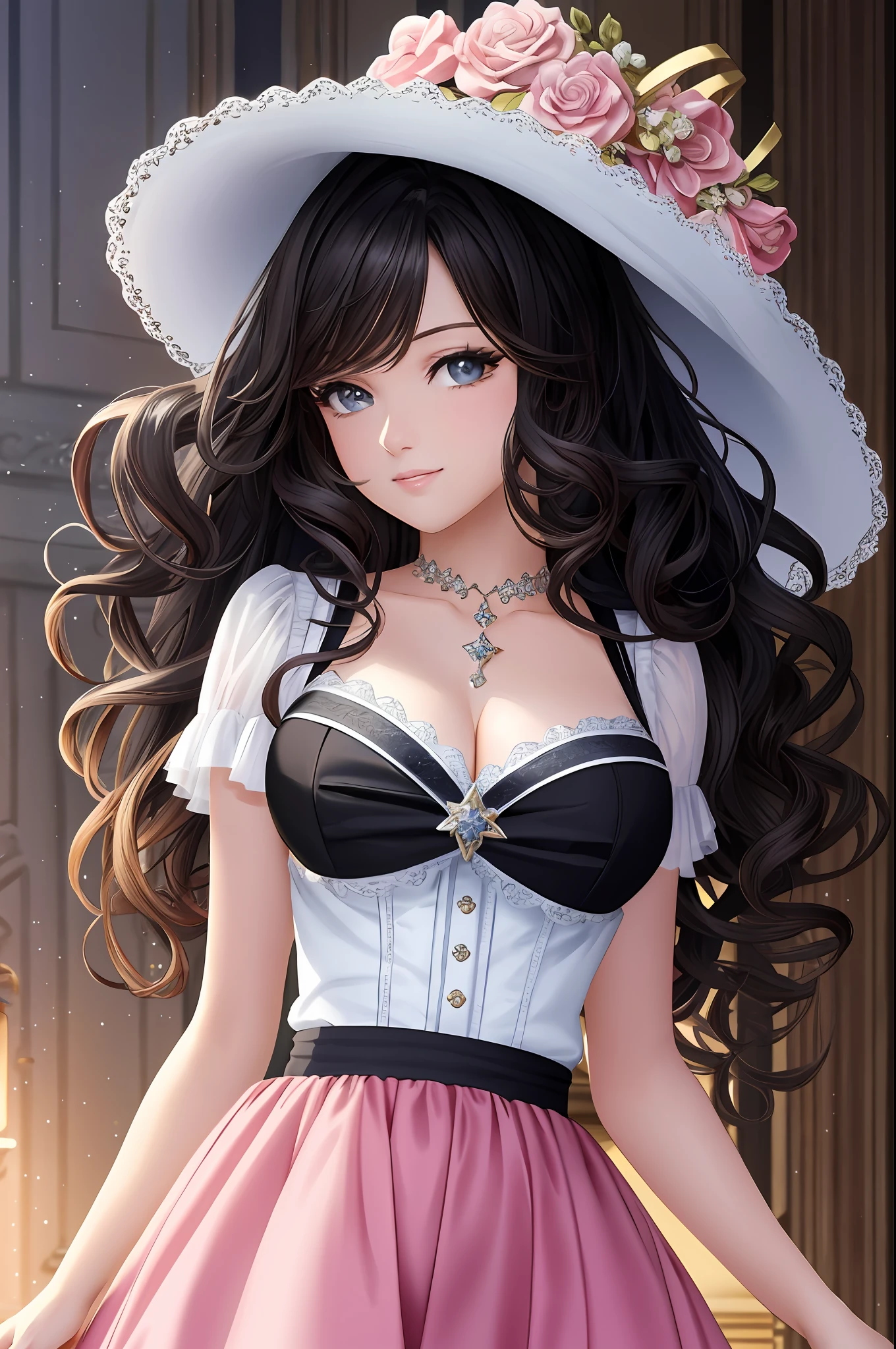 Illustration, anime style, (masterpiece, top quality, super detail, high resolution), perfect face, beautiful eyes, smile, sidelights, shiny skin, (bloom), (shine), lighting, ray tracing, 1girl, solo, mixed silver and black hair, black moisturized eyes, summer short sleeves, hair bow, pink skirt, bow, pink bow, lips, upper body, curly hair, chest, parted lips, jewelry, depth_ of_field, Very detailed background, Very detailed background, Masterpiece, Super detail, Great composition,Dynamic Angle,[Bottle Bottom],(Wide Shot), Very Delicate and Beautiful,(Best Quality), (Master Work), Depth of Field, Solo, Extreme Light and Shadow, Masterpiece, Detailed, (Fine Features), (Best Quality), (Masterpiece), (Detail), (Beautiful) Detail,Beautiful Detail Eye,(Straight On), Upper Body,(Very Detail CG Unity 8k wallpaper),(Masterpiece), (Best Quality), (Super Detail), (Best Illustration)(Best Shadow),Perfect Lighting,Perfect Anatomy