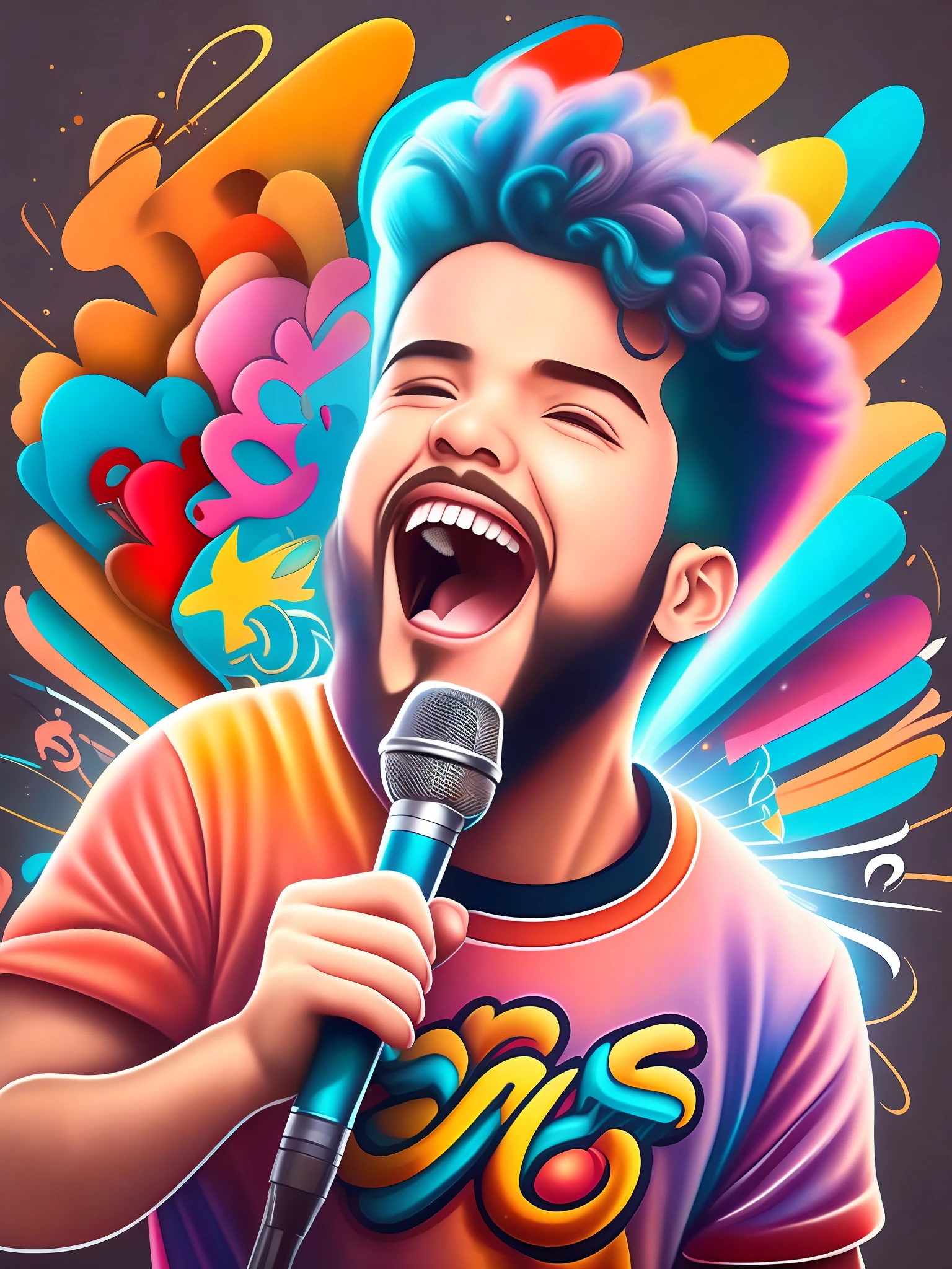 the graffiti style of cute man is singing and holding a fancy mic, ((soft colorful, rich colors,high detailed, masterpiece,natural lighting,less Shadow,high quality, graffiti style)), ((perfect fingers))