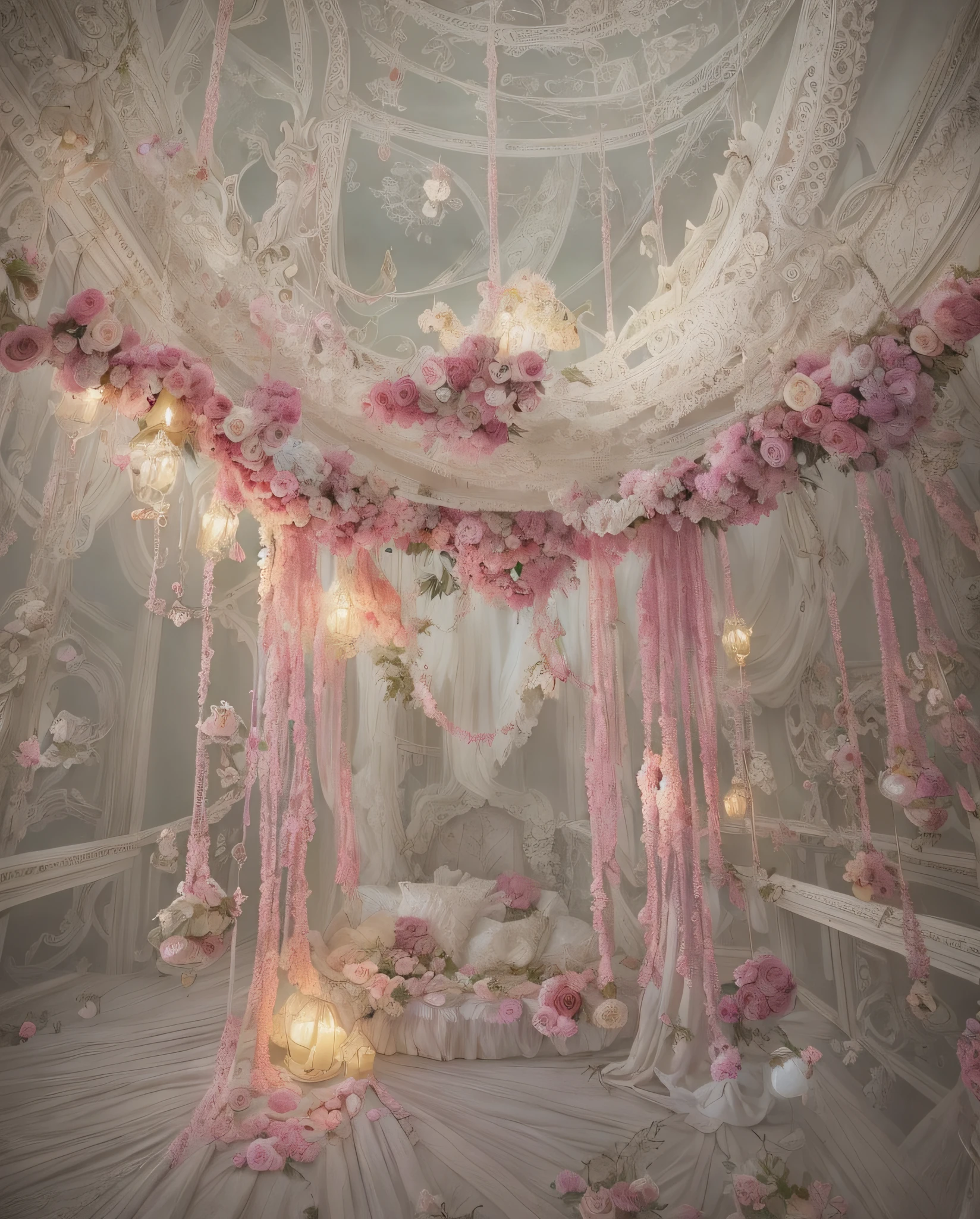Close-up of a room with lots of flowers on the ceiling, fantastic atmosphere and drama, fantastic aesthetics, dreamy and detailed, very magical and dreamy, atmospheric beautiful details, neo-Rococo expressionist style, ethereal fairy tales, dreamy atmosphere, fantasy aesthetics! , fantastic scenes, fairy tale aesthetics, fantastic ethereal atmosphere, incredibly ethereal, beautiful aesthetics, ethereal and dreamy themes, rococo gorgeous style, pink yarn, lace, flower ground, 8k, movie stills