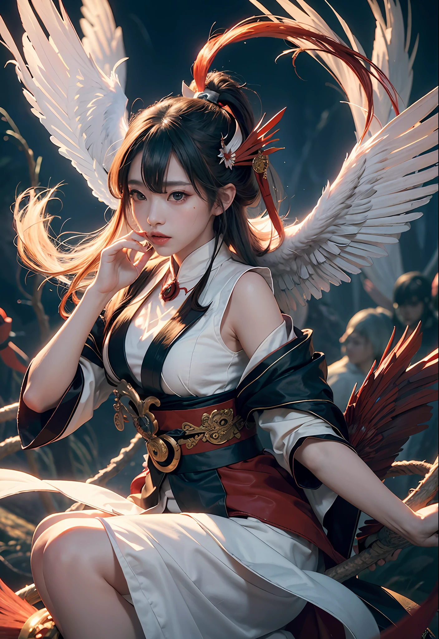 official art, unity 8k wallpaper, (high detail), beautiful and aesthetic, masterpiece, best quality,realistic,
Tengu mage, Tengu feathered fan, wind spell, tengu familiar, tengu mountain, shinto magic,
Delicate Illumination, Soft Highlights, Understated Depth,