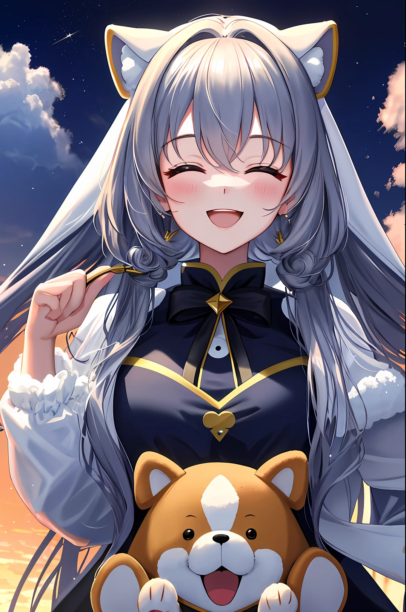 Top quality, masterpiece, highly detailed 8k wallpaper, ((transcendent beautiful face)), happiness, smile, close eyes, open mouth, girl wearing dog kigurumi, stuffed dog, fluffy material,