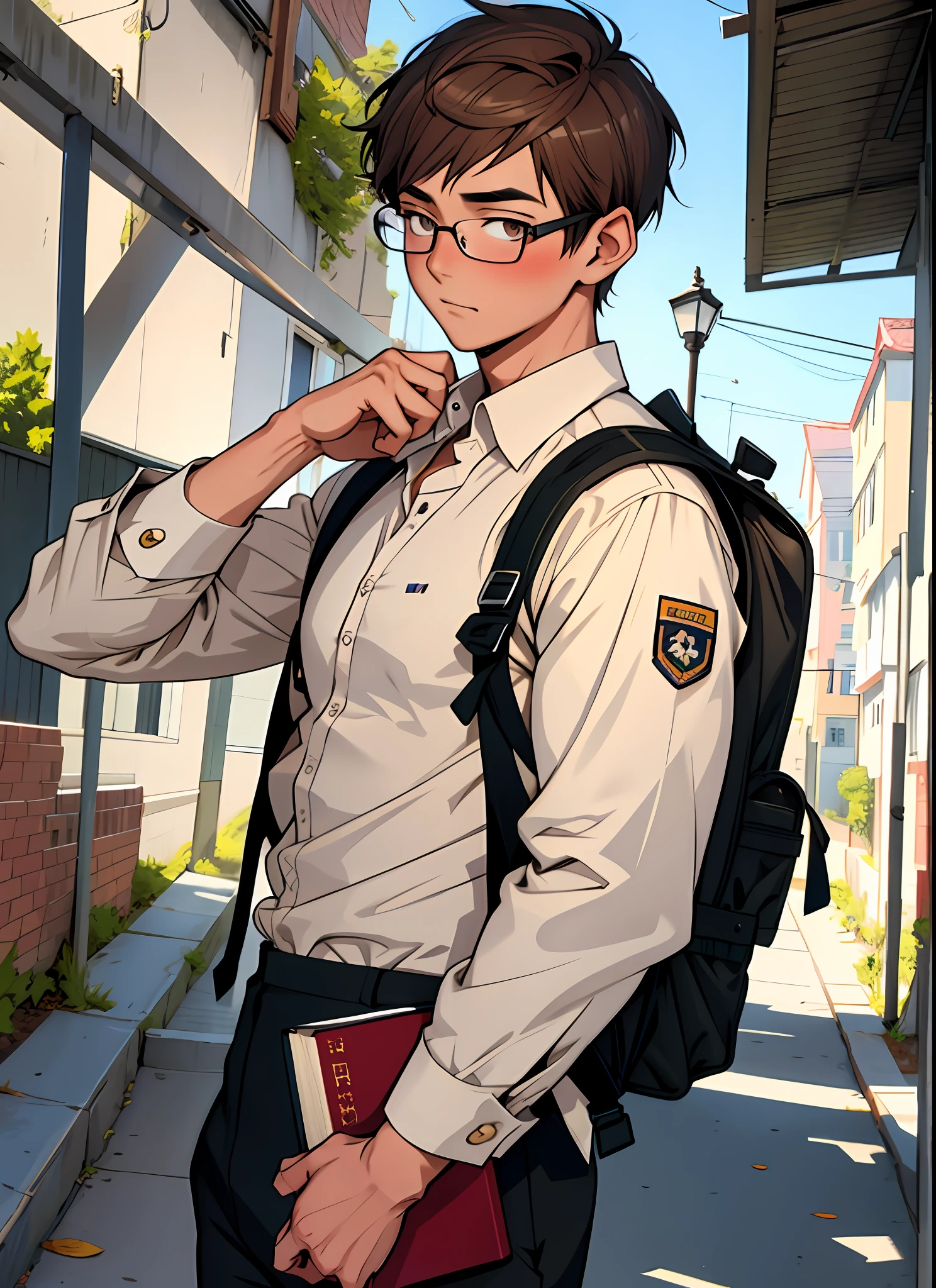 1 boy, muscular, short hair, glasses, blush, brown eyes, ((masterpiece, highest quality)), outdoor, school, uniform, pants, viewer watch, open shirt, holding a book, backpack, depth of field,