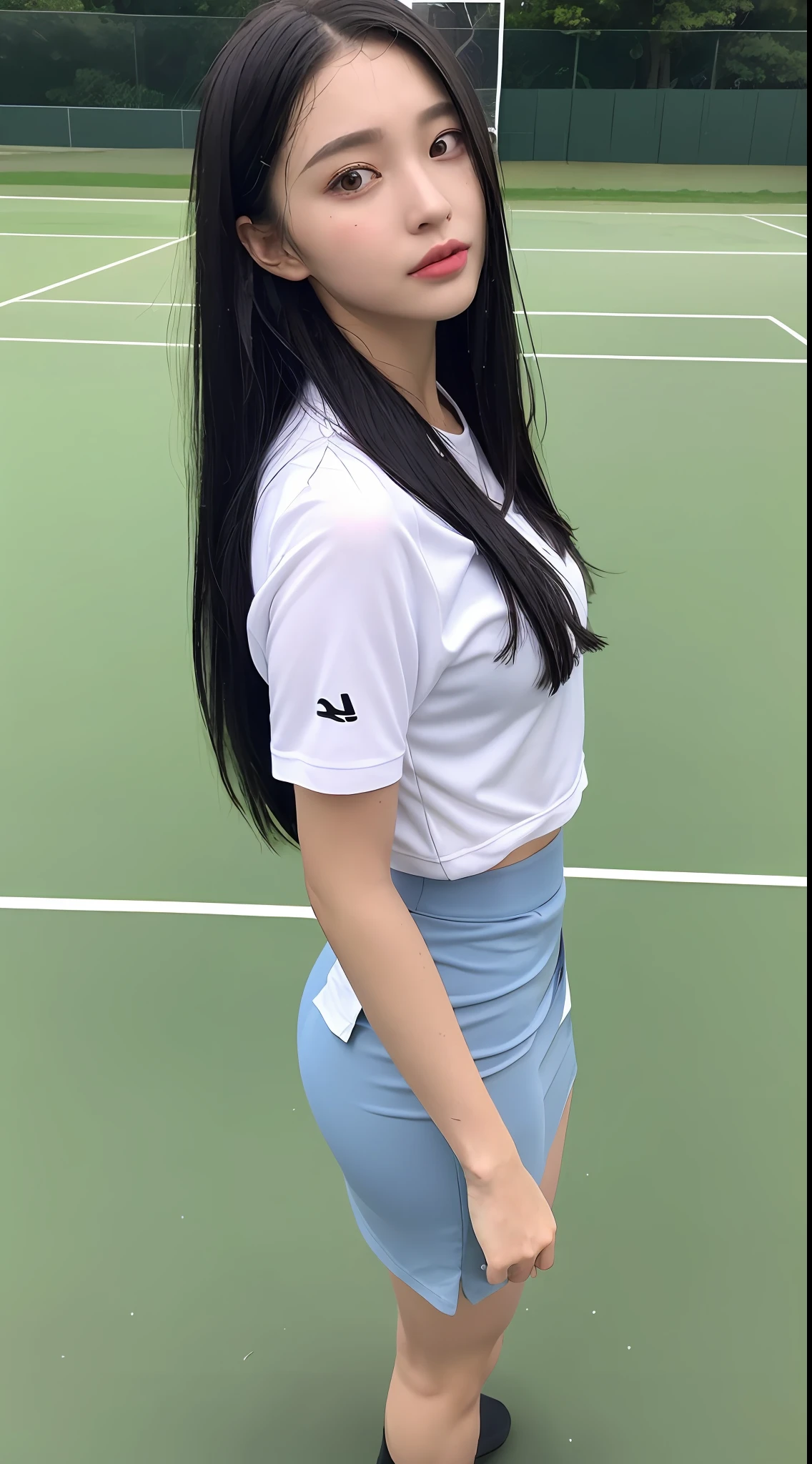 (8k, Best Quality, Masterpiece: 1.2), (Realistic, Realistic: 1.37), Ultra Detailed, Best Quality, Ultra High Resolution, Professional Lighting, Photon Mapping, Radiosity, Physically Based Rendering, Cinematic Lighting, Clear sky, basketball court, depth of field, clear focus, sunlight, good composition, (Bokeh: 1.2) 1girl, single person, (full body), (closed mouth), beautiful detailed eyes, pose, narrow waist, tennis skirt, tennis skirt, tennis clothes, black hair, messy hair, long hair blowing in the wind, (ulzzang-6500:1.2), pantyhose, (rain, perspective, wet shirt, wet hair, wet clothes: 1.2 ),