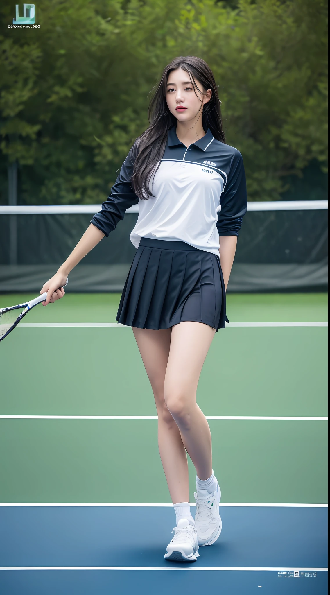 (8k, Best Quality, Masterpiece: 1.2), (Realistic, Realistic: 1.37), Ultra Detailed, Best Quality, Ultra High Resolution, Professional Lighting, Photon Mapping, Radiosity, Physically Based Rendering, Cinematic Lighting, Clear sky, basketball court, depth of field, clear focus, sunlight, good composition, (Bokeh: 1.2) 1girl, single person, (full body), (closed mouth), beautiful detailed eyes, pose, narrow waist, tennis skirt, tennis skirt, tennis clothes, black hair, messy hair, long hair blowing in the wind, (ulzzang-6500:1.2), pantyhose, (rain, perspective, wet shirt, wet hair, wet clothes: 1.2 ),