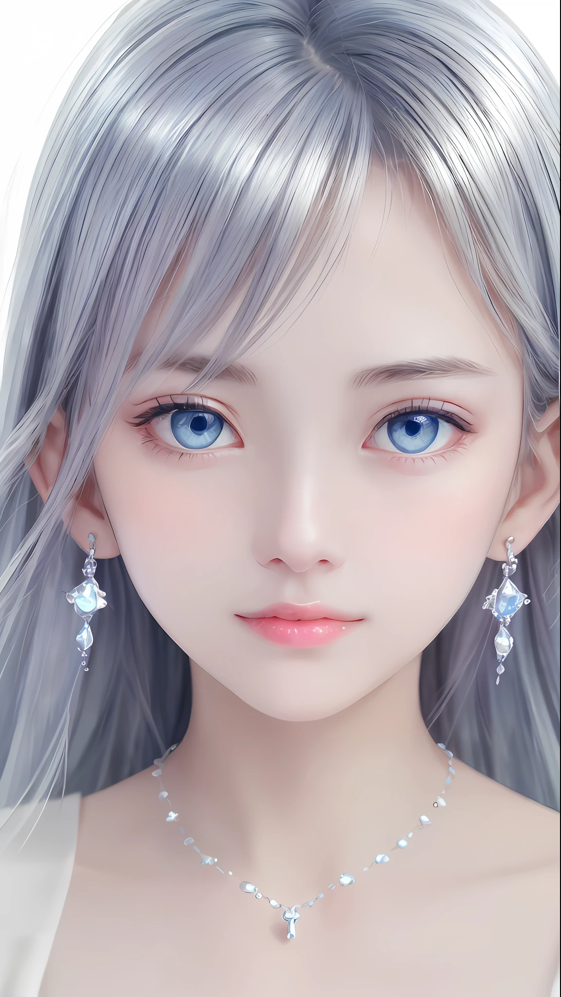masterpiece, best quality, illustration, sax blue, platinum earrings, platinum necklace, white dress, 1girl, cute, (dynamic lighting:1.2), cinematic lighting, delicate facial features, detailed eyes, sharp pupils, realistic pupils, depth of field, bokeh, sharp focus, (hyper-detailed, bloom, glow:1.4), many small gems