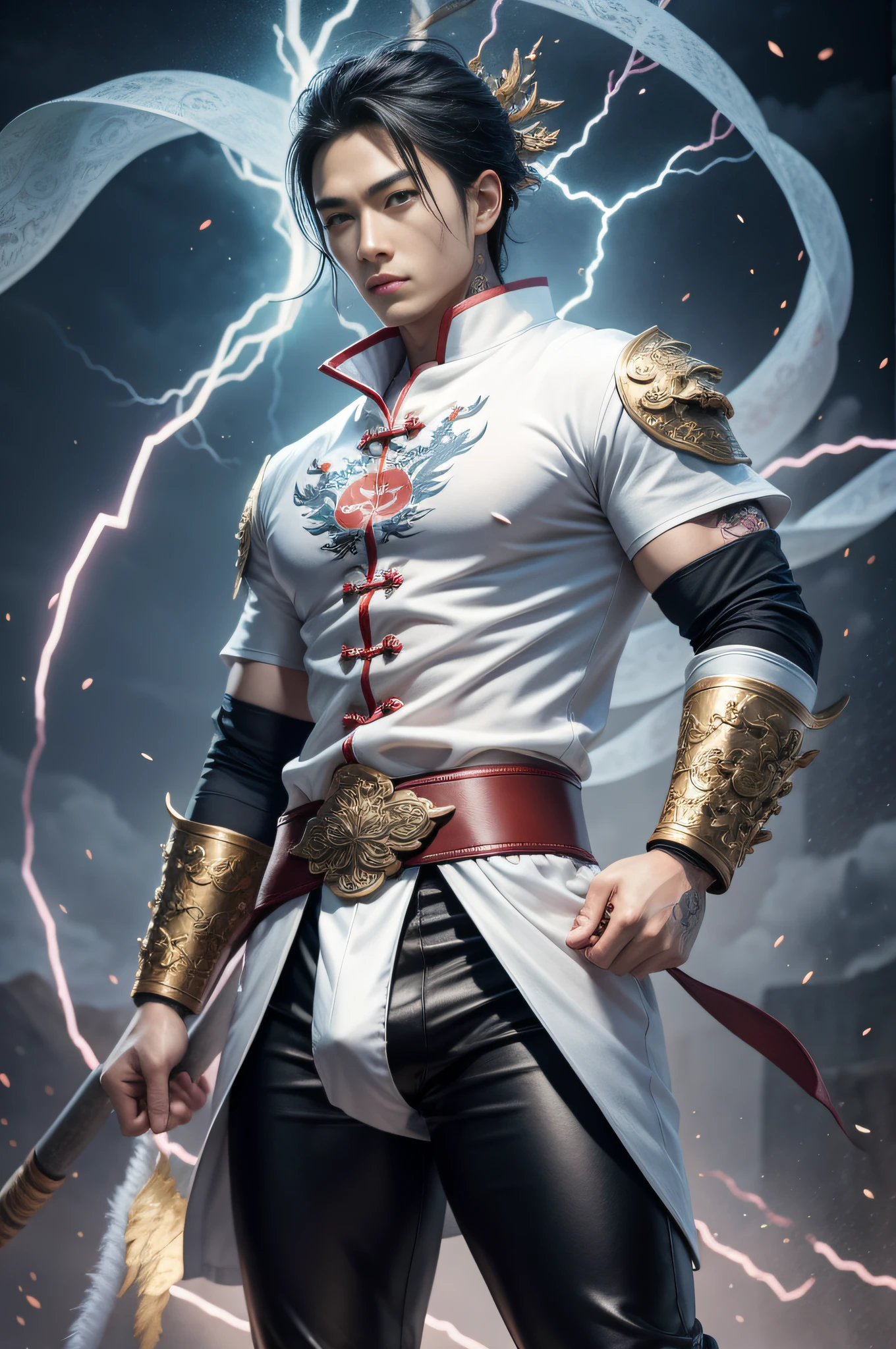Handsome guy, 25 years old, Asian, master work, best picture quality, higher quality, high detail, super high resolution, (realistic: 1.4) 8k resolution, delicate facial features, boys, big muscles, tattoos, glowing eyes, short hair, hair details, (full body: 0.6), detailed background , [[Look away, look to the side, emphasize homosexuality and pay attention to every detail , open Hanfu transparent tulle jacket, white rubber pants, circling dragon, Chinese garden background ((((crotch bulge))))), lightning, Blue Thunderbolt, Fa Gong, Wind and Thunder Technique, Chinese Kung Fu, Fingerless Gauntlet, Wristband, Dragon Theme Costume, Monk Robe, Rotating Floating Particles, Dynamic Composition, Heavy Rain Background, Very Many Thunder and Lightning Flashes