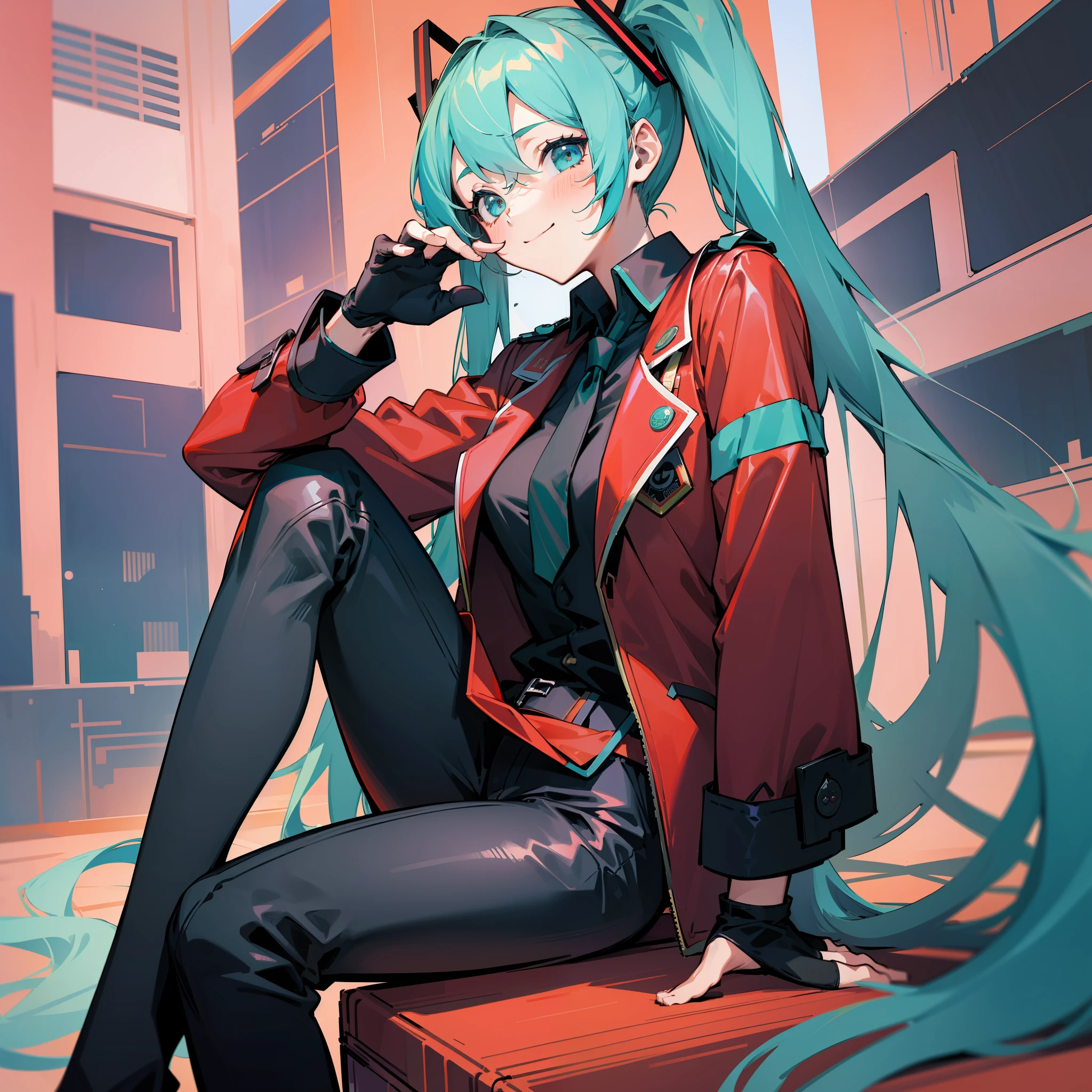 ((Best Quality, 8K, Masterpiece: 1.3)), 1girl, Hatsune Miku, Long hair, double tails, black sunglasses, single, moon, sitting, black tie, blue hair, black pants, cosplay, red jacket, smile, black gloves, red jacket, red suit, formal, long hair, aqua green hair, black gloves, synthwave, red jacket, red suit, red jacket, leather shoes
