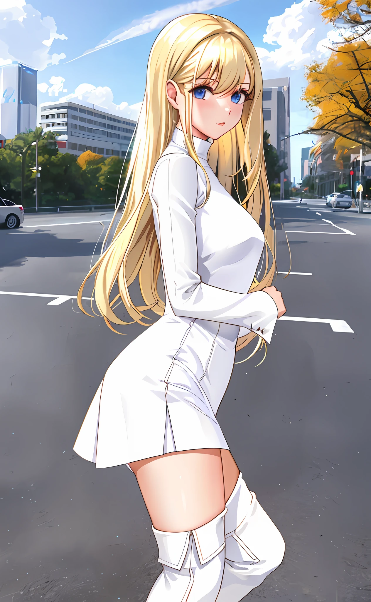 arafed woman in white dress and thigh high boots posing for a picture, tight outfit, wearing tight simple clothes, smooth white tight clothes suit, blonde goddess, wearing tight shirt, tight shirt, white miniskirt, ava max, white long tanktop, in white clothes, white outfit, white skirt and barechest, with long blond hair, white body