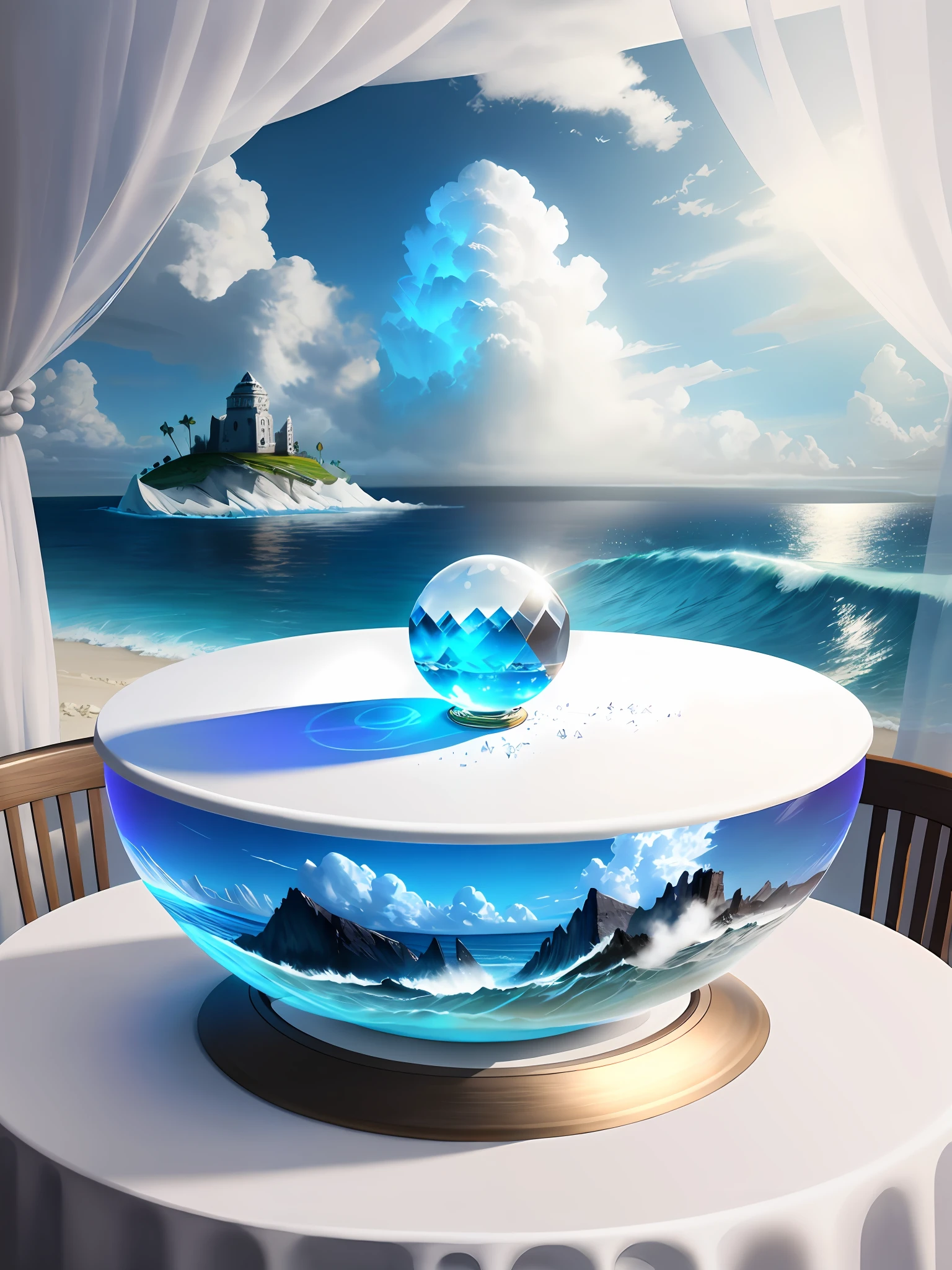 artistic, stunning, mysterious, hyper-realism, 16K high resolution, Unreal Engine, soft light, (maximum sharp focus: 1.3), (trapped in a crystal ball with pedestal, white clouds, blue sea, big waves, white sand: 1.5), (on table: 0.2),