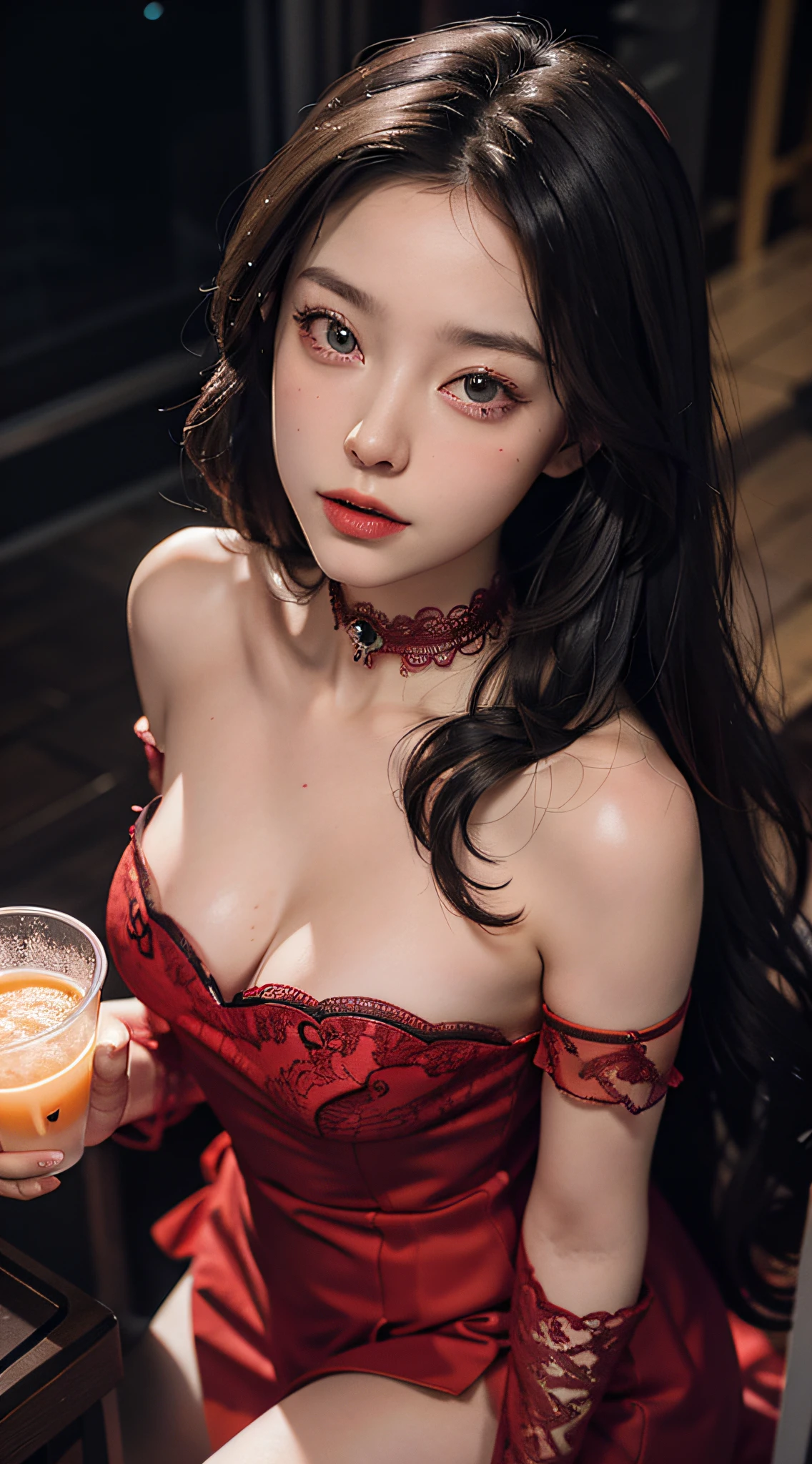 Close-up, (neon, night view, Dutch angle, from above, strapless: 1.3), masterpiece, top quality, raw photo, photorealistic, off-shoulder, red lace dress, red choker, reddish-purple eyes, up, upper body, cleavage, face light, shiny skin, film grain, chromatic aberration, absurdity, high resolution, ultra detail, detail, detailed eyes and face, sharp pupils, realistic pupils, sharp focus, sexy inviting pose, crotch open