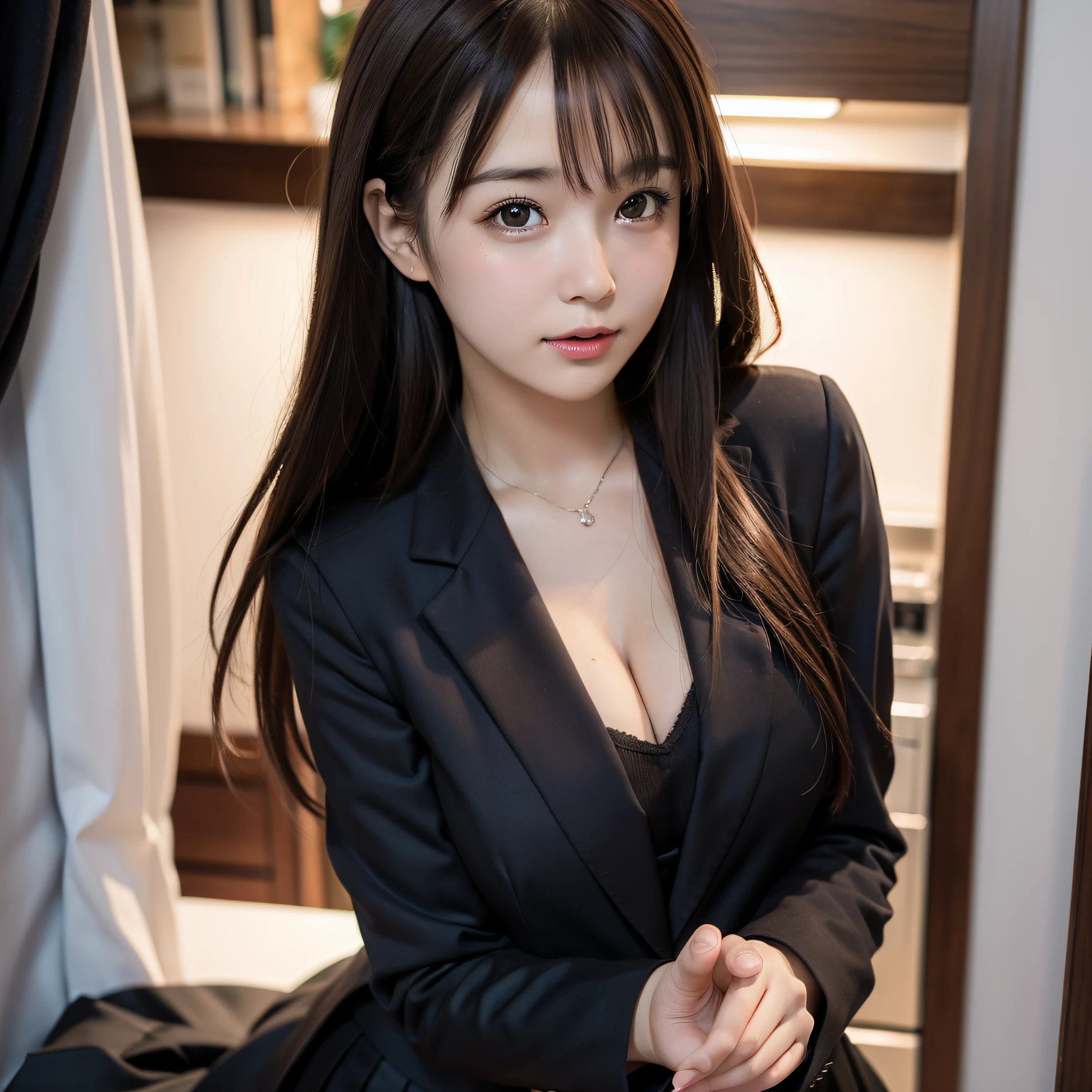 best quality, masterpiece, 1girl, beautiful face, (brown hair), (realistic photo: 1.3), rim lighting, (highly detailed skin: 1.2), 8k uhd, dslr, high quality, high resolution, 4k, 8k, Bokeh, absurdres, best aspect ratio four fingers and a thumb, (realistic: 1.3), ulzzang, kawaii cute 1girl, wearing black formal blazer, medium breasts, short pleated skirt,