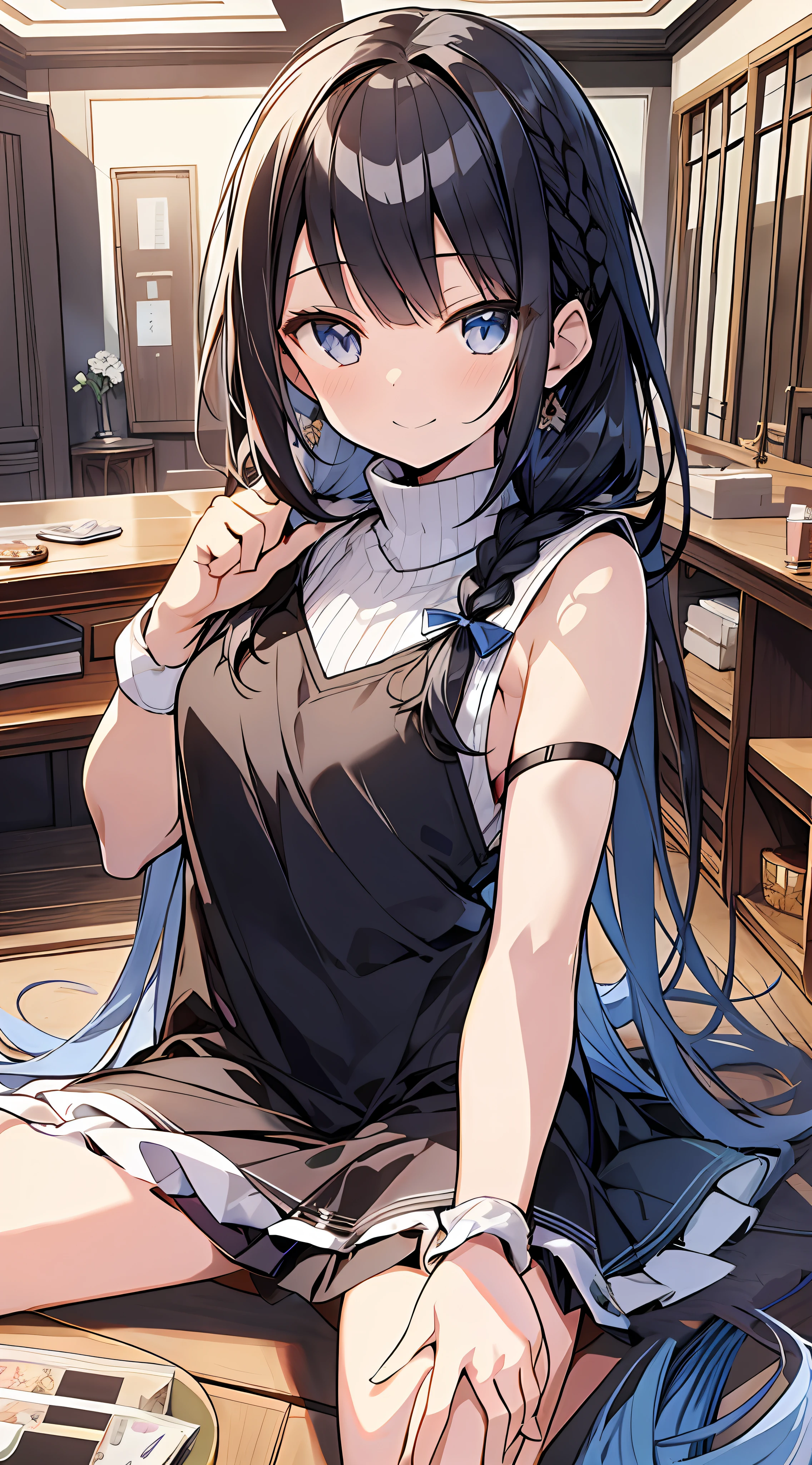 anime girl sitting on the floor with her legs crossed, anime moe artstyle, twintails, kantai collection style, anime visual of a cute girl, anime girl with long hair, young anime girl, from arknights, official art, with black pigtails, cute anime waifu in a nice dress, official artwork, attractive anime girl, loli in dress