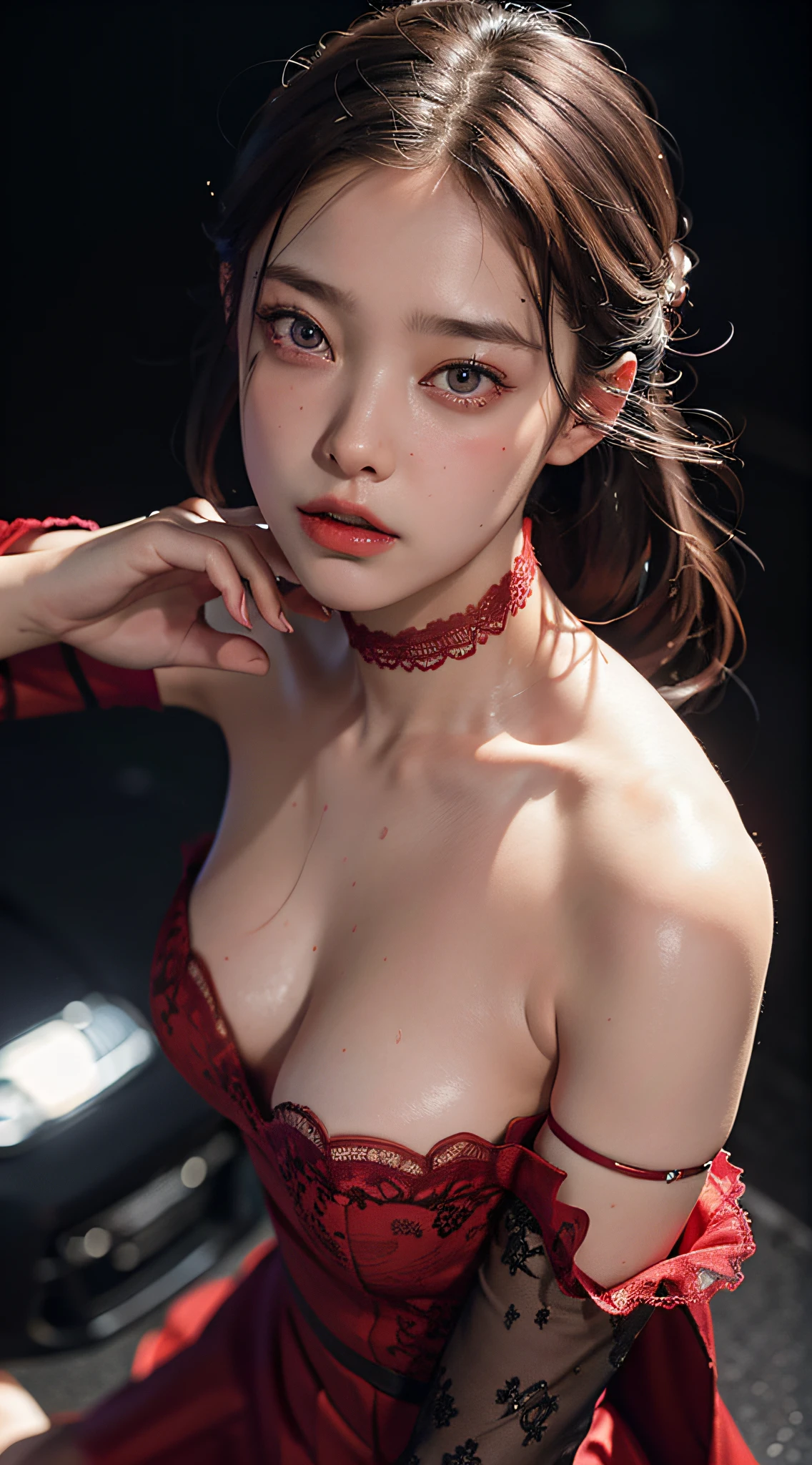 Close-up, (neon, night view, Dutch angle, from above, strapless: 1.3), masterpiece, top quality, raw photo, photorealistic, off-shoulder, red lace dress, red choker, reddish-purple eyes, up, upper body, cleavage, face light, shiny skin, film grain, chromatic aberration, absurdity, high resolution, ultra detail, detail, detailed eyes and face, sharp pupils, realistic pupils, sharp focus, sexy-inviting poses, crotch open, sweating, wet skin, shy, red cheeks, embarrassed