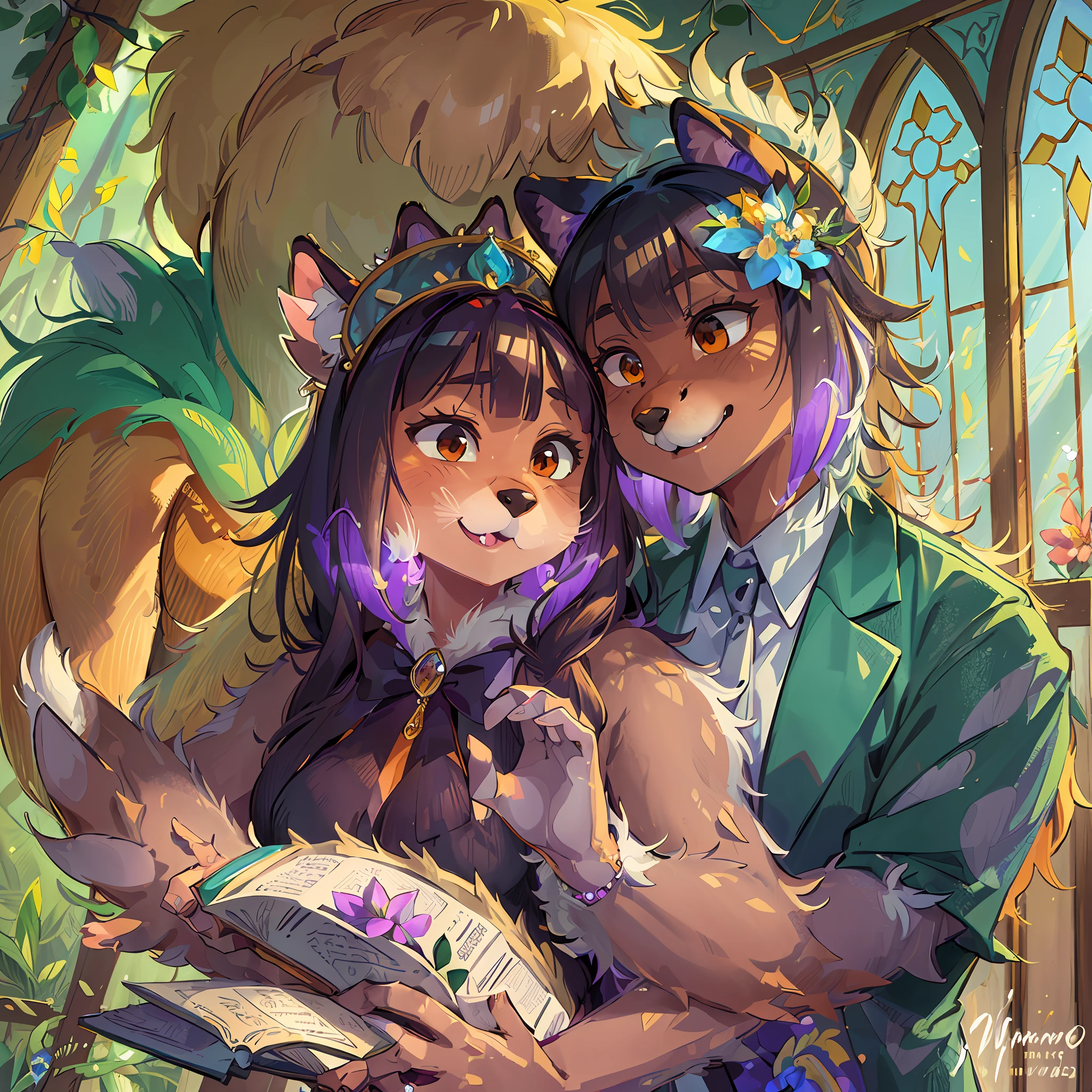 Highest quality ultra-fine illustrations(association colorful stained glass with shimmering light wedding aisles lined with jewel-like lamps)(very detailed beautiful face and eyes)absurdres perfect anatomy((((furry))))(furry husband in tuxedo furry wife in wedding dress husband hugging his wife from behind furry in pastor's clothes holding a clear book in his hands wedding photo Bouquet of beautiful flowers)(furry anthro:1.7)((((furry body animal facial features animal body features)))(((animal muzzle highly detailed fur))))full body smile(dynamic pose),