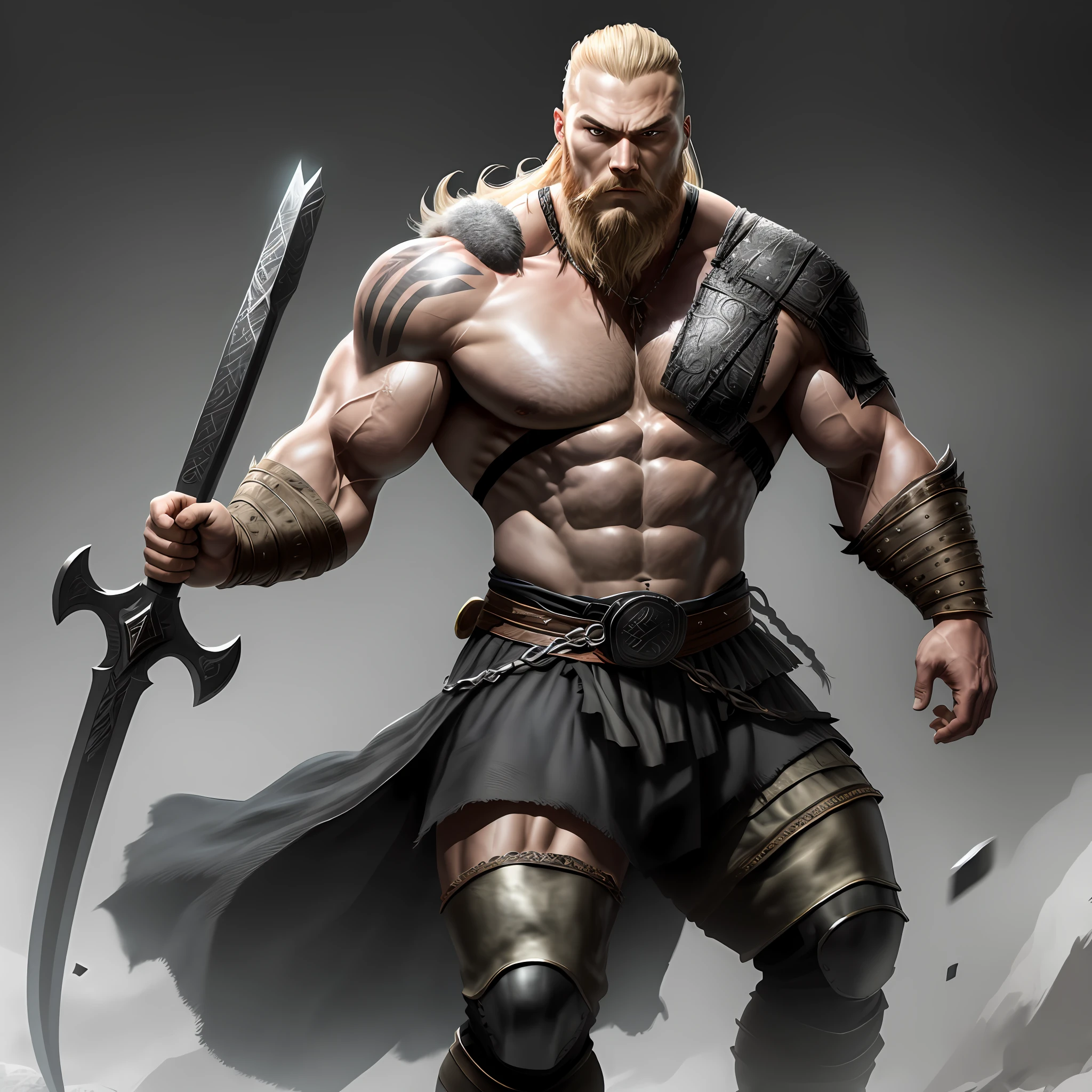 A very muscular man, full body, like ragnar lothbrok, viking outfit, muscular, with black beard, black sword, angry