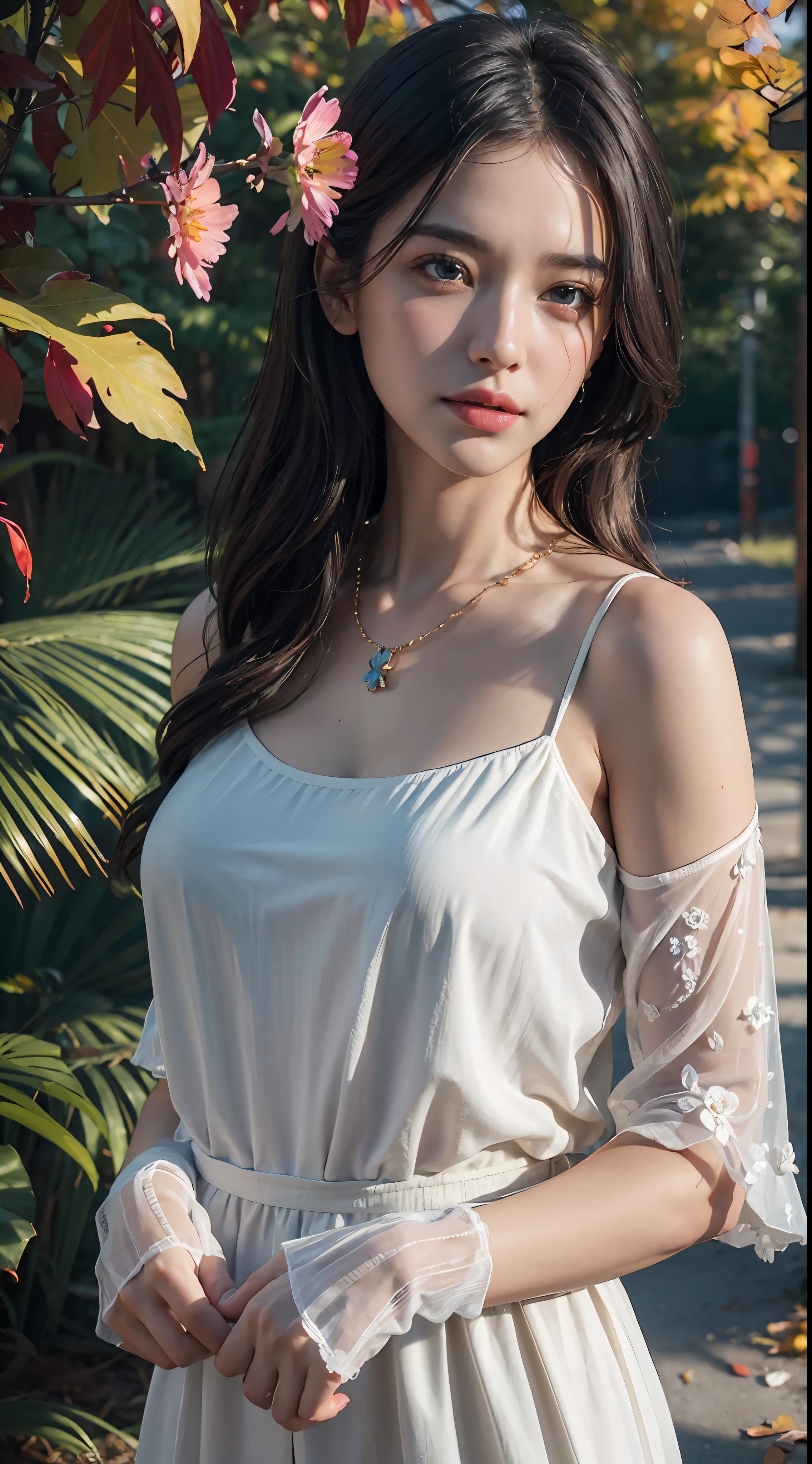 (RAW photo, best quality), (realistic, photo-realistic:1.30),8k uhd, dslr, soft lighting, high quality, film grain,, masterpiece,ultra realistic,32k,extremely detailed CG unity 8k wallpaper, best quality,(autumn day ),lady ,necklace ,eardrop, (flower)stunning environment ,vibrant colors,soft lighting