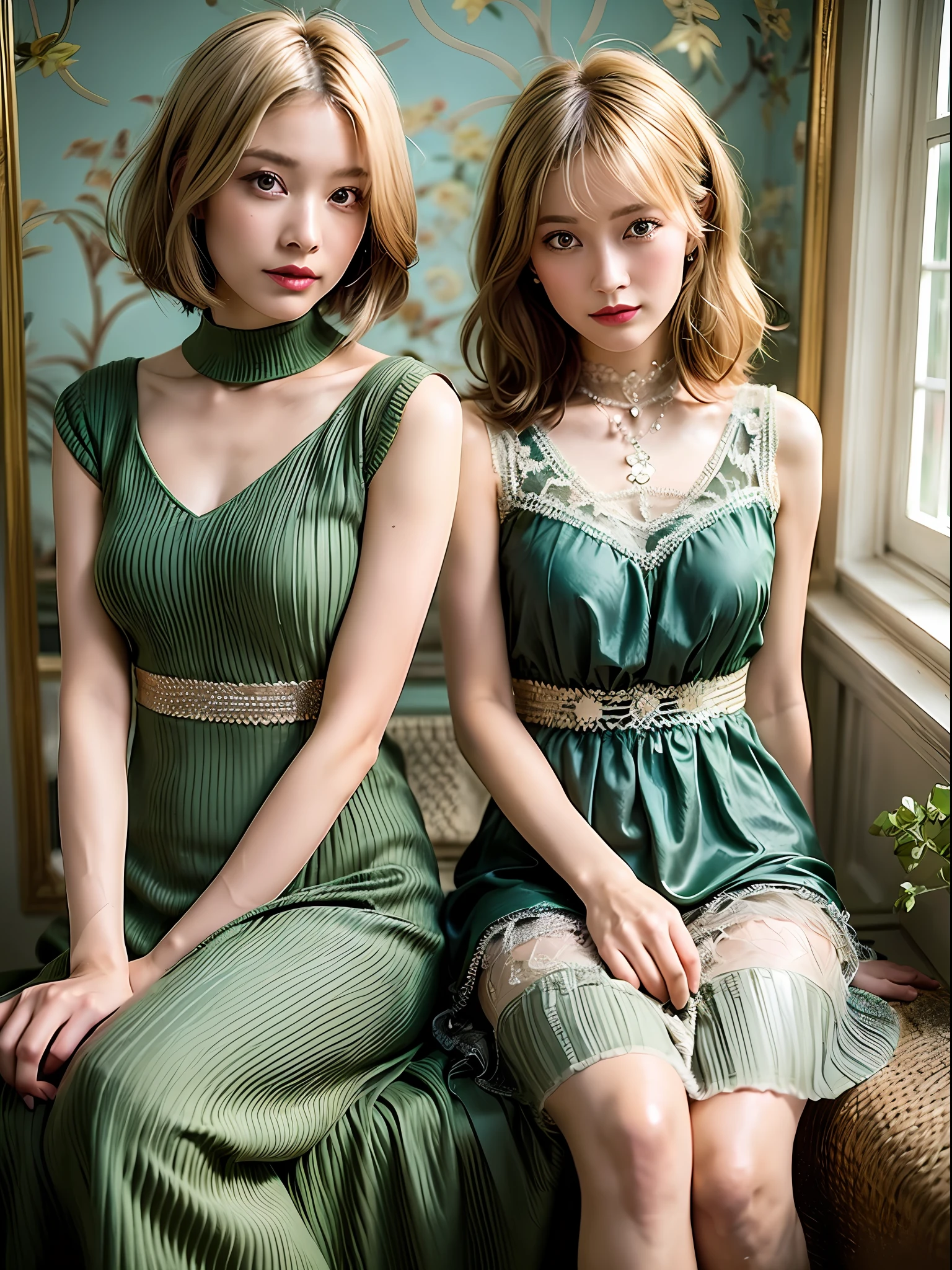 female, 30s, Hair length and color should be short hair, honey blonde color, eye color should be emerald green, skin tone should be natural beige tone skin tone, natural and light styling and makeup, hair should be wavy to express light movements, makeup should emphasize bright lips and eye-catching mascara, Wearing a dress in a simple and sophisticated style, calm and confident look, posing like looking in the mirror, bright images that look like they were taken under natural sunlight