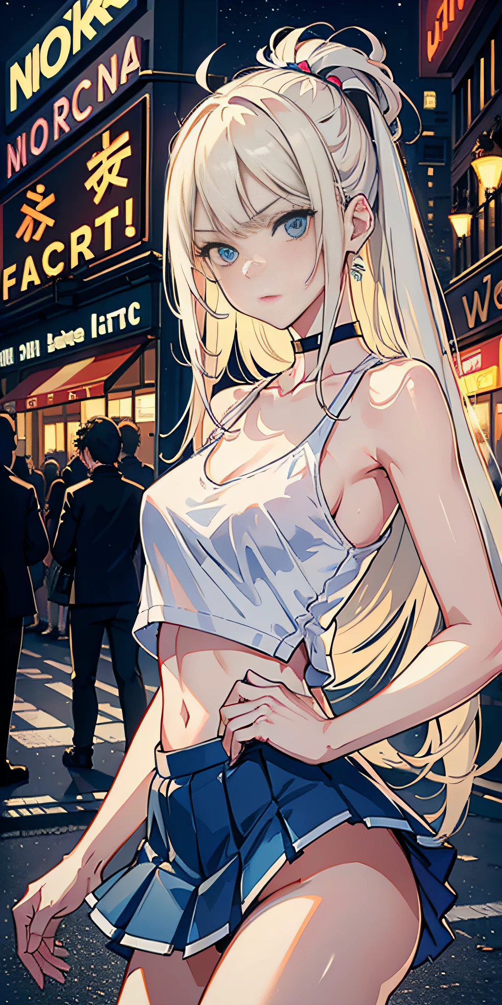 masterpiece, best quality, refined facial features, dynamic pose, nsfw, 1girl, platinum blonde hair, long hair, blue eyes, small lively breasts, on the street, night, neon signs, white t-shirt, braless, pleated skirt, poker face, front view, standing, in the crowd,