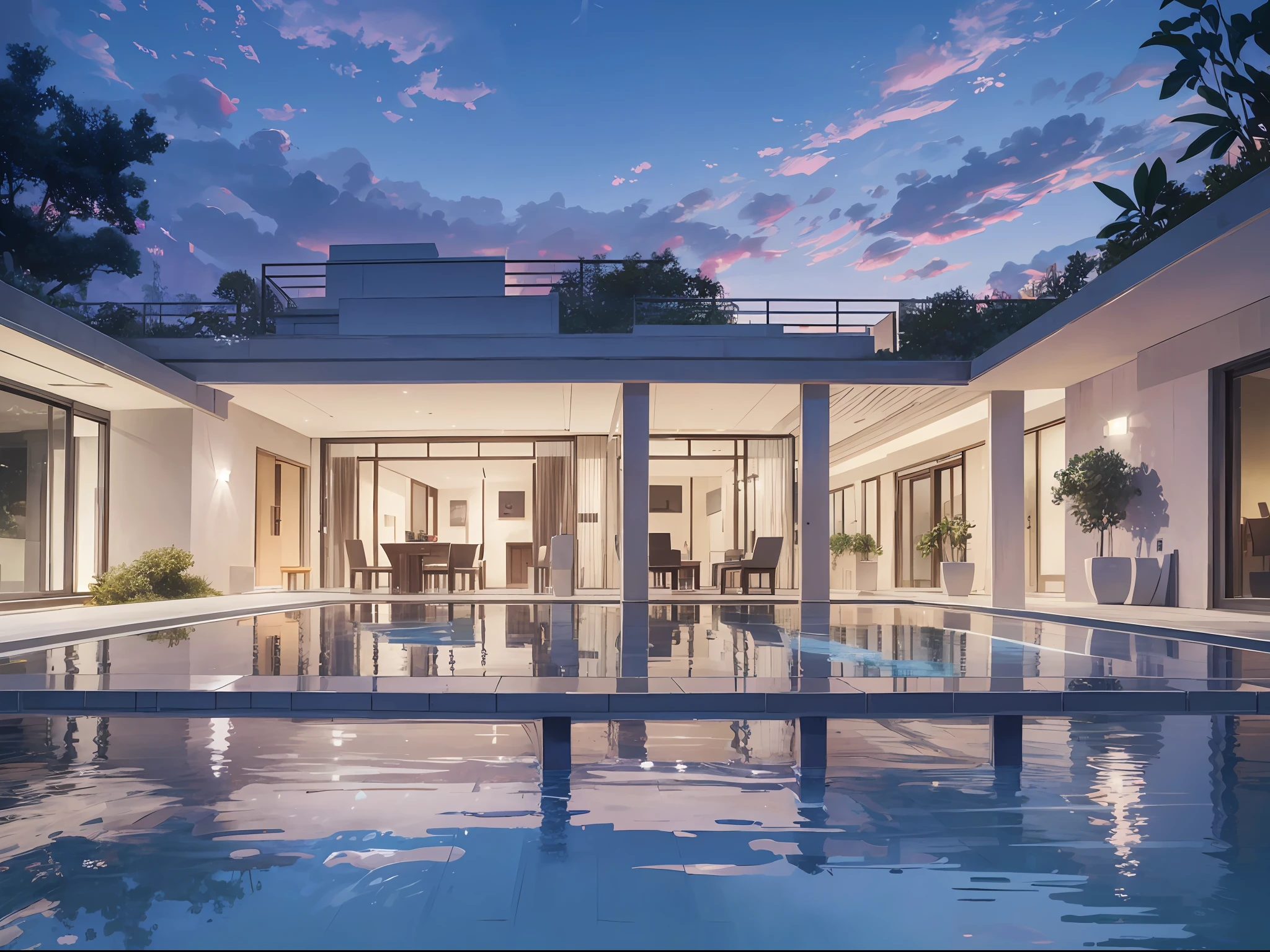White building on lawn, wright, flowing water villa, elevation view, spectacular, stone structure, concrete structure, interior furniture, design furniture, glass, floor-to-ceiling windows, plants, trees, best quality, --auto --s2