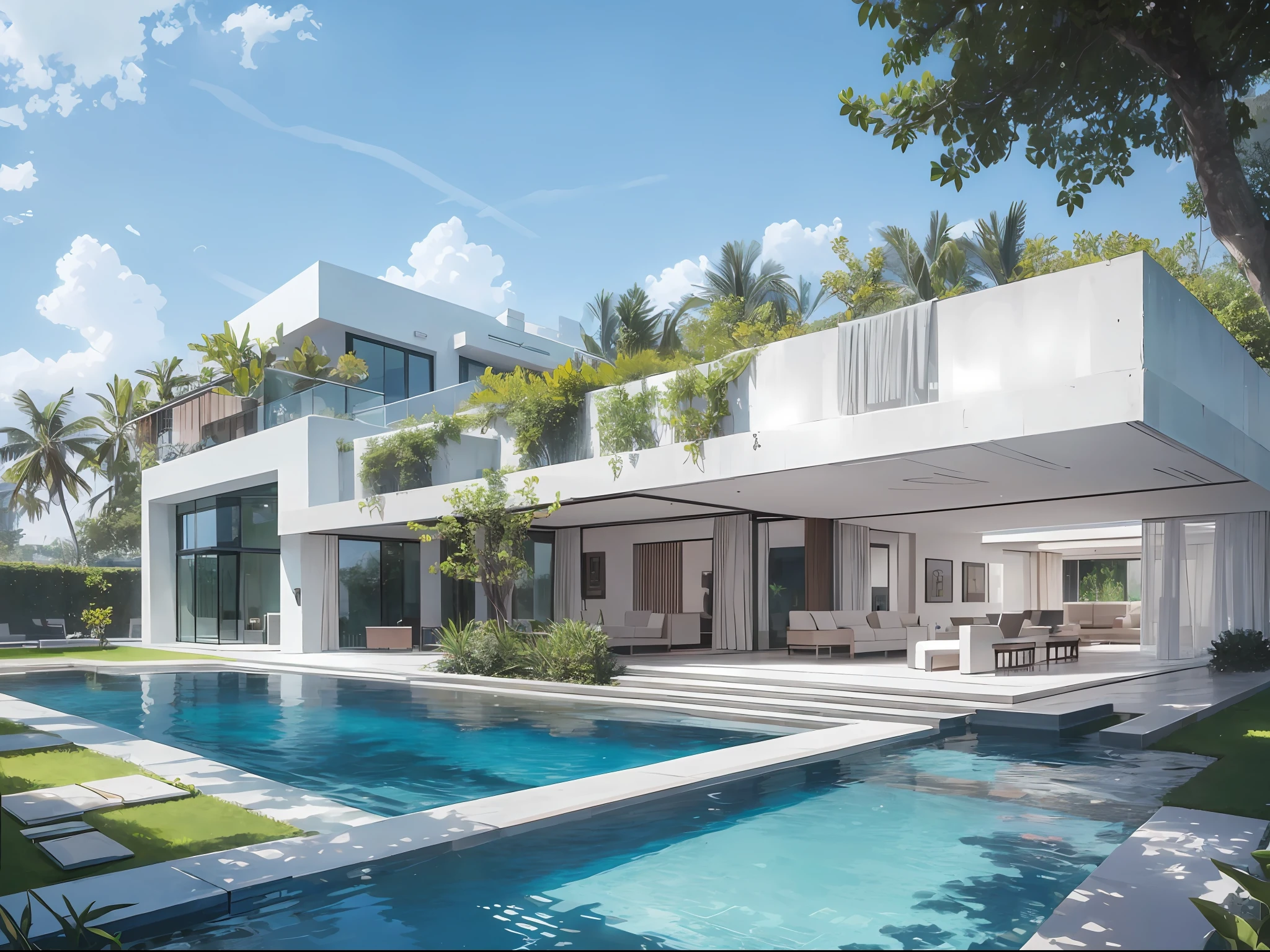 White building on lawn, wright, flowing water villa, elevation view, spectacular, stone structure, concrete structure, interior furniture, design furniture, glass, floor-to-ceiling windows, plants, trees, best quality, --auto --s2