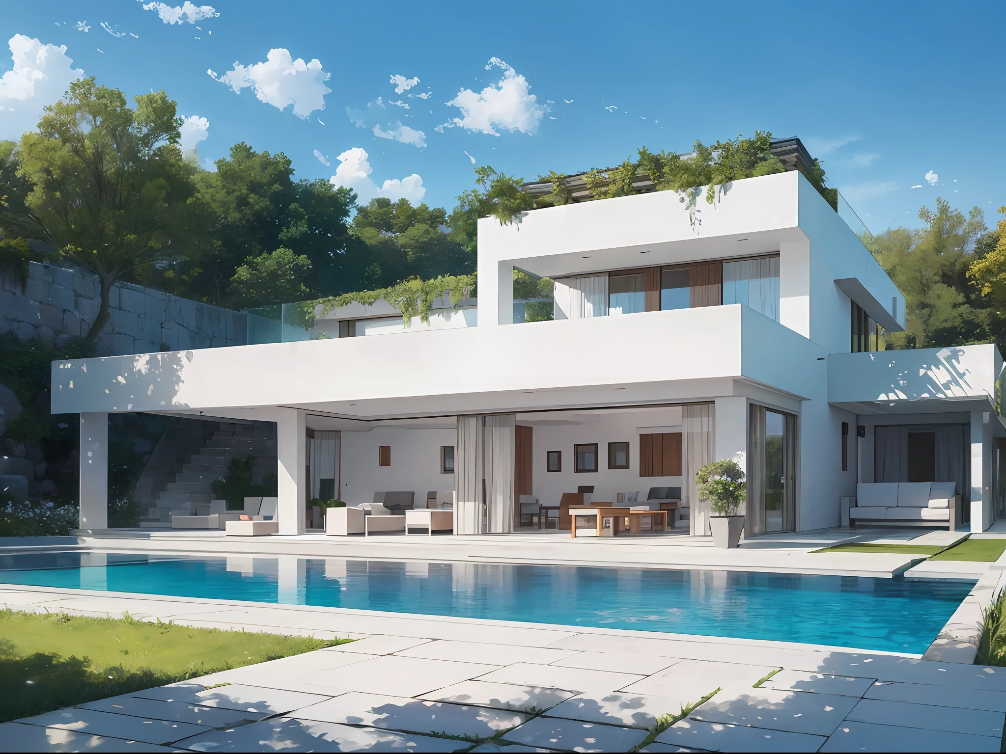 White building on lawn, wright, flowing water villa, elevation view, spectacular, stone structure, concrete structure, interior furniture, design furniture, glass, floor-to-ceiling windows, plants, trees, best quality, --auto --s2