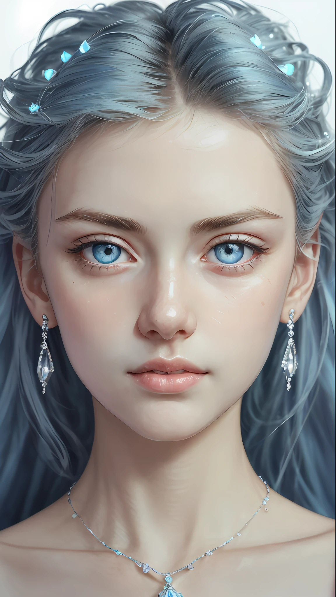 masterpiece, best quality, illustration, sax blue, platinum earrings, platinum necklace, white dress, 1girl, cute, (dynamic lighting:1.2), cinematic lighting, delicate facial features, detailed eyes, sharp pupils, realistic pupils, depth of field, bokeh, sharp focus, (hyper-detailed, bloom, glow:1.4), many small gems