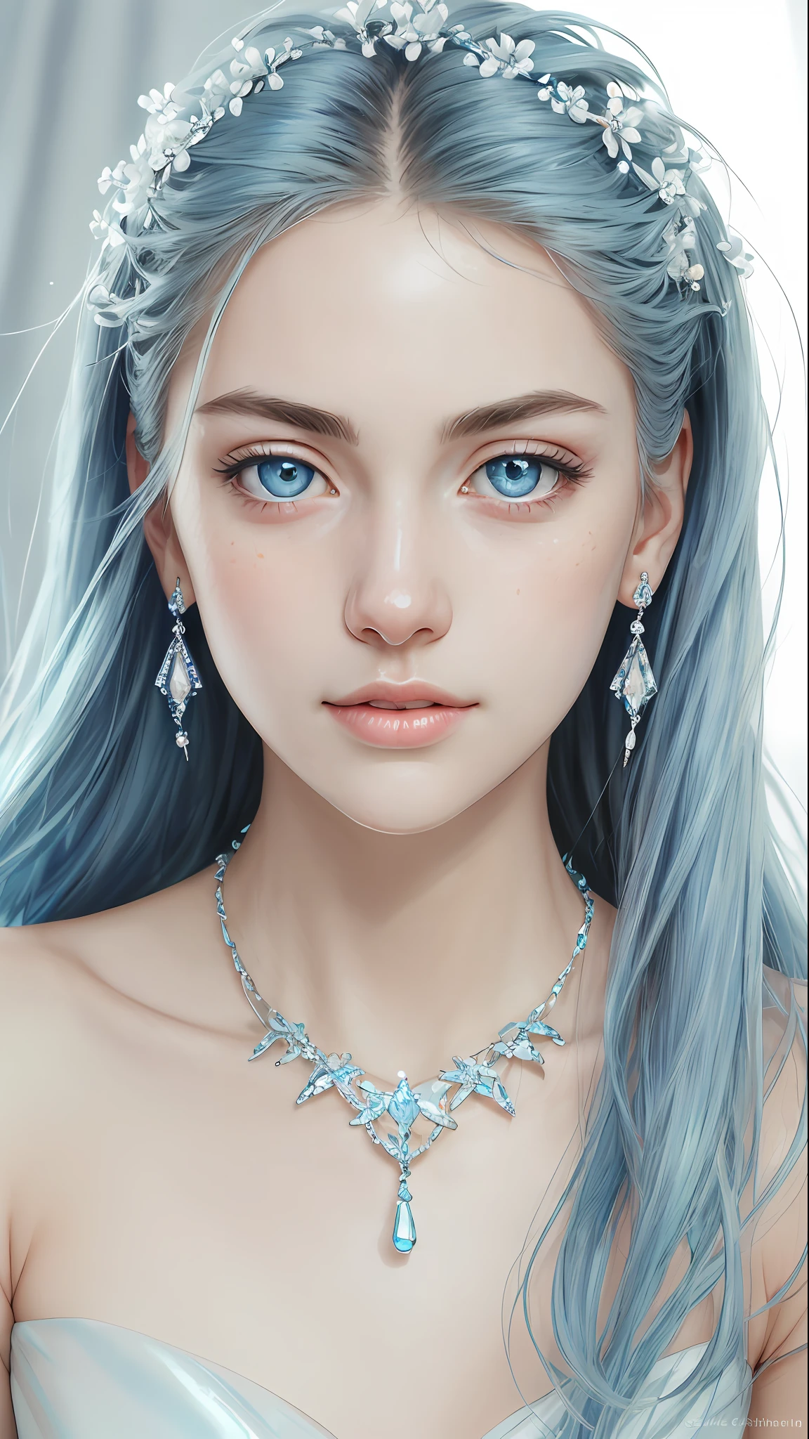 masterpiece, best quality, illustration, sax blue, platinum earrings, platinum necklace, white dress, 1girl, cute, (dynamic lighting:1.2), cinematic lighting, delicate facial features, detailed eyes, sharp pupils, realistic pupils, depth of field, bokeh, sharp focus, (hyper-detailed, bloom, glow:1.4), many small gems