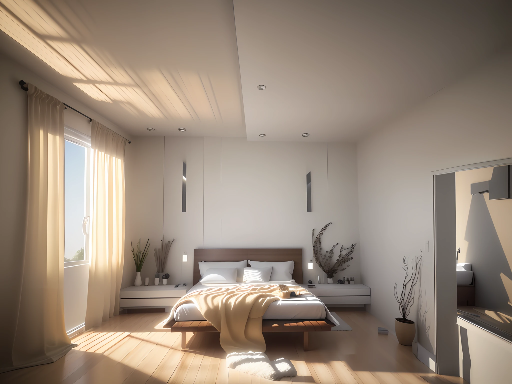 there is a large bed in a room with a large headboard with window on the left, bed room, corona  rendered, rendered in corona, inside of a bedroom, render in corona, well lit 3 d render, bedroom interior, natural light in room, high quality 3 d render, high quality 3d render, elegant render, vray 8k render bathroom door on the right down corner