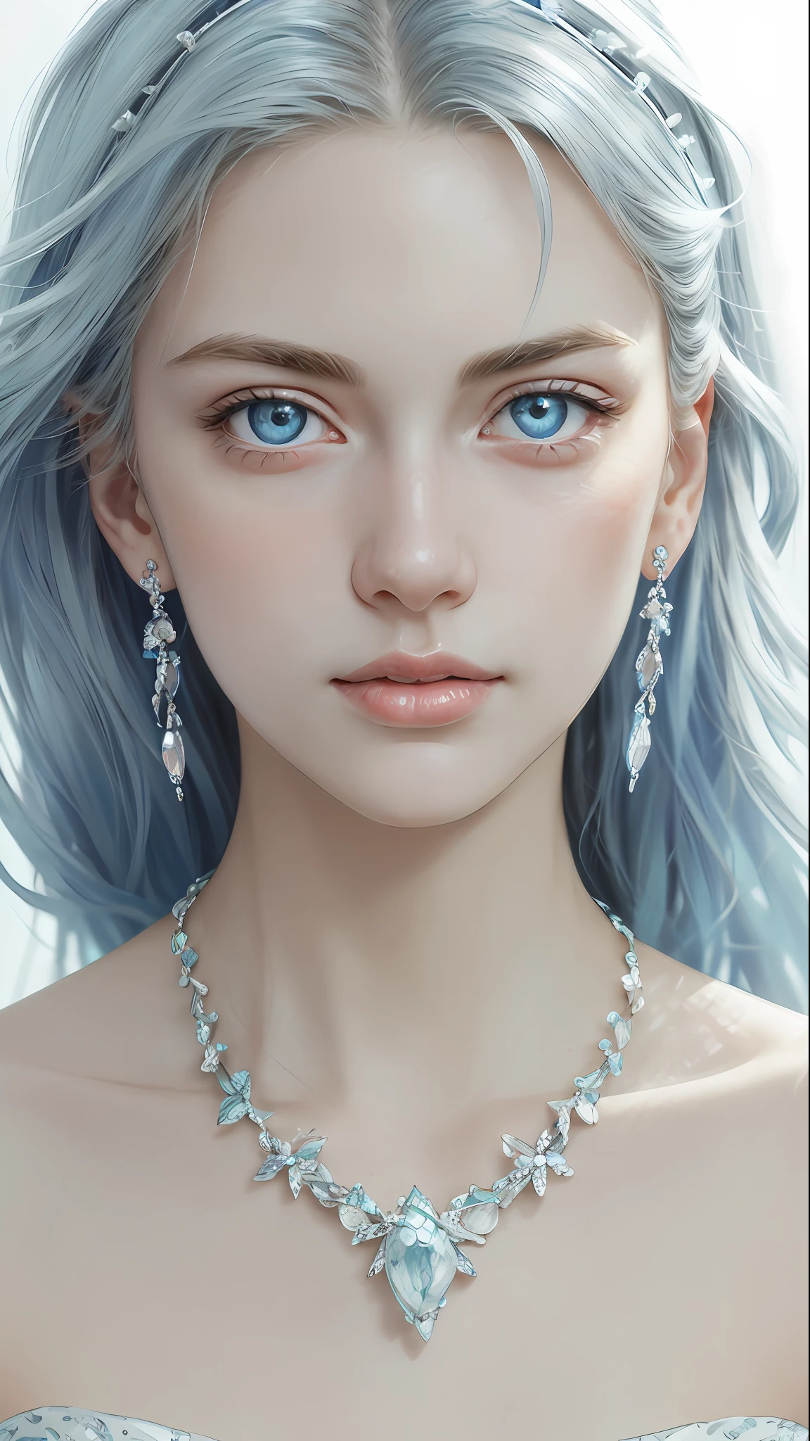 masterpiece, best quality, illustration, sax blue, platinum earrings, platinum necklace, white dress, 1girl, cute, (dynamic lighting:1.2), cinematic lighting, delicate facial features, detailed eyes, sharp pupils, realistic pupils, depth of field, bokeh, sharp focus, (hyper-detailed, bloom, glow:1.4), many small gems