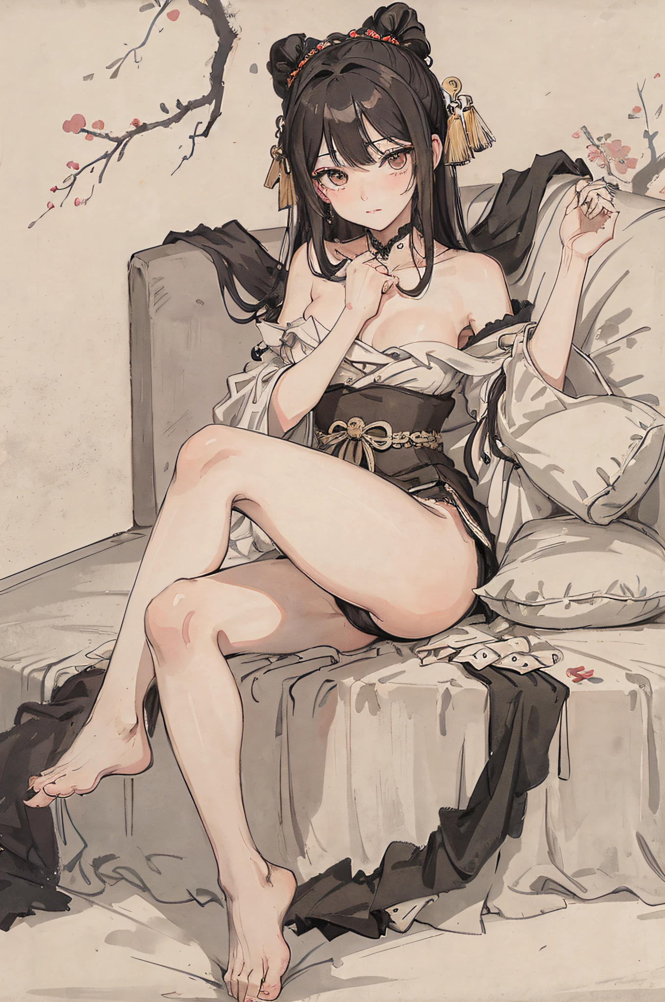 (Masterpiece, best quality: 1.2), traditional Chinese ink painting, black hair, brown eyes, : 1.5, chest grip: 1.4, dress: 1.5, sofa, super detailed face, delicate eyes, double eyelids, emphasis on slender abs: 1.3,