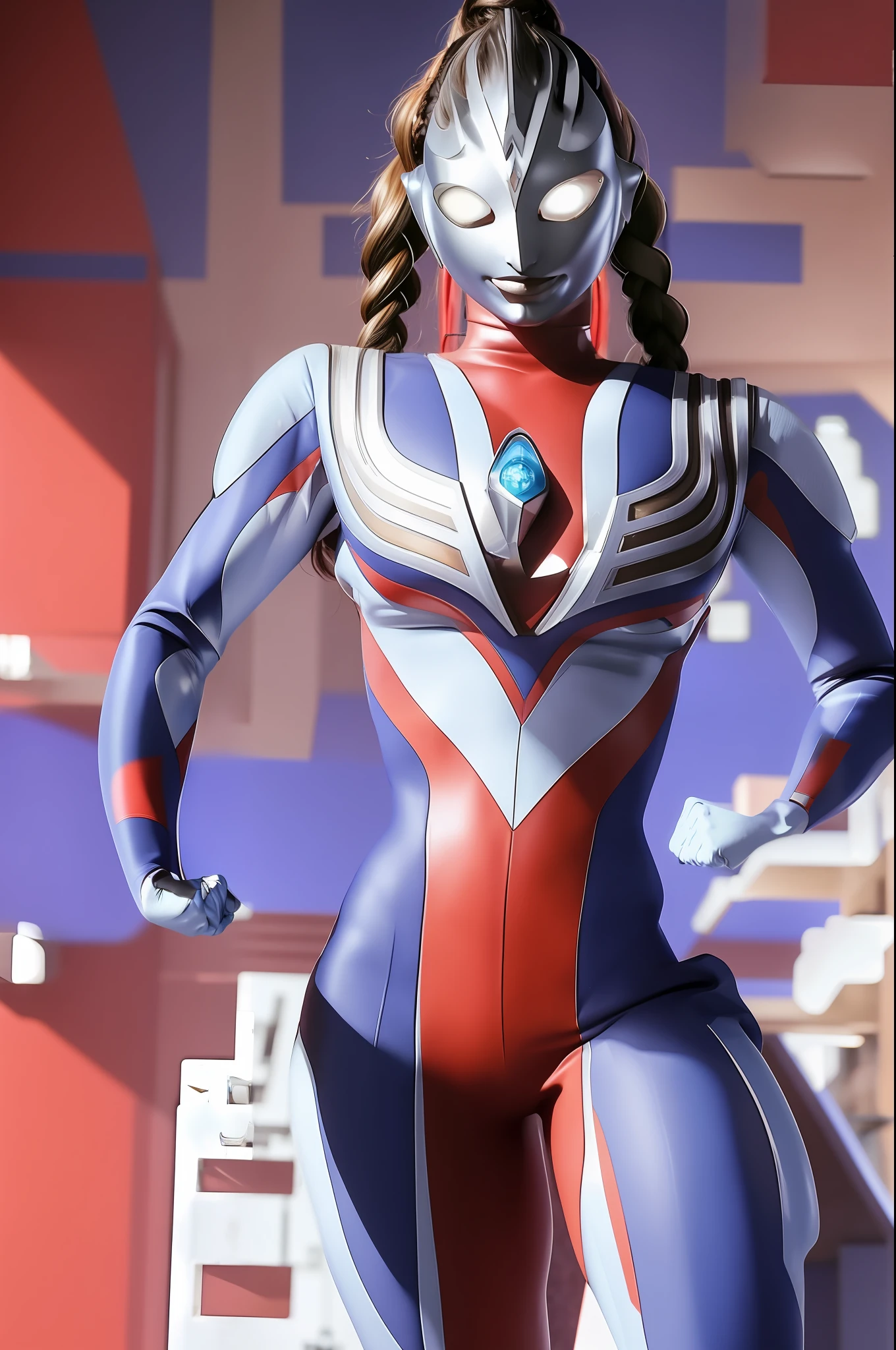 Ultraman, girl at the gym, toned, fit, brown hair, braided hair, hair, Photography of beautiful woman, stunning woman, smiling, gorgeous eyes, high detailed, high quality photography, Nikon, canon, 4k, ((beautiful face)), ((detailed eyes)), make up, make-up, makeup, blush, realistic photography, photorealistic portrait, highly detailed, (masterpiece, best quality, highly detailed), , shirtless, topless, blue gear, full figure, ((developed thighs)), thin waist, narrow waist