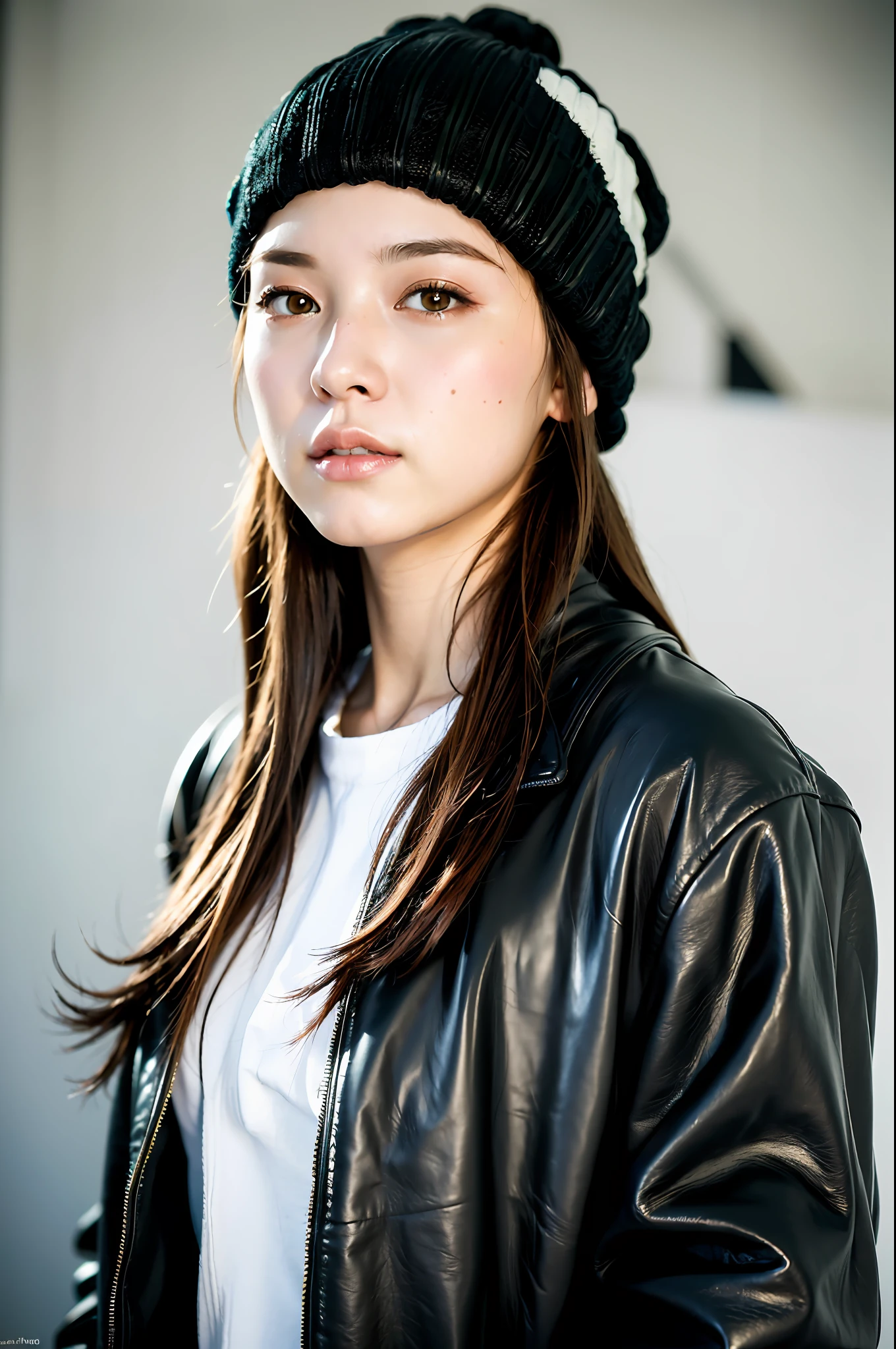 (
(8k:1.27), best quality, masterpiece, ultra highres:1.2) Photo of Pretty Japanese woman
(beautiful:1.1) (sci-fi warrior woman:1.1) space soldier, (beanie:1.61) (leather jacket:1.21) intricate elegant, fantasy, detailed, ometric by greg rutkowski and alphonse mucha, gradient lighting